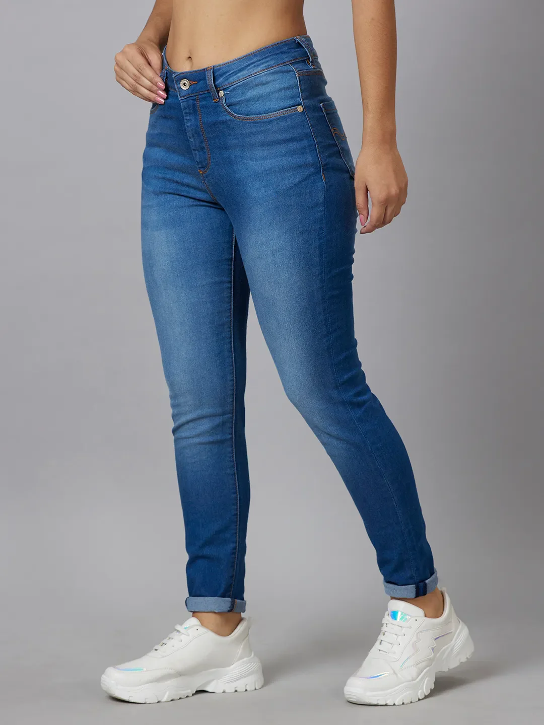 Blue Mid Rise Skinny Fit Cotton Women's Denims by Being Human Clothing - Image 4