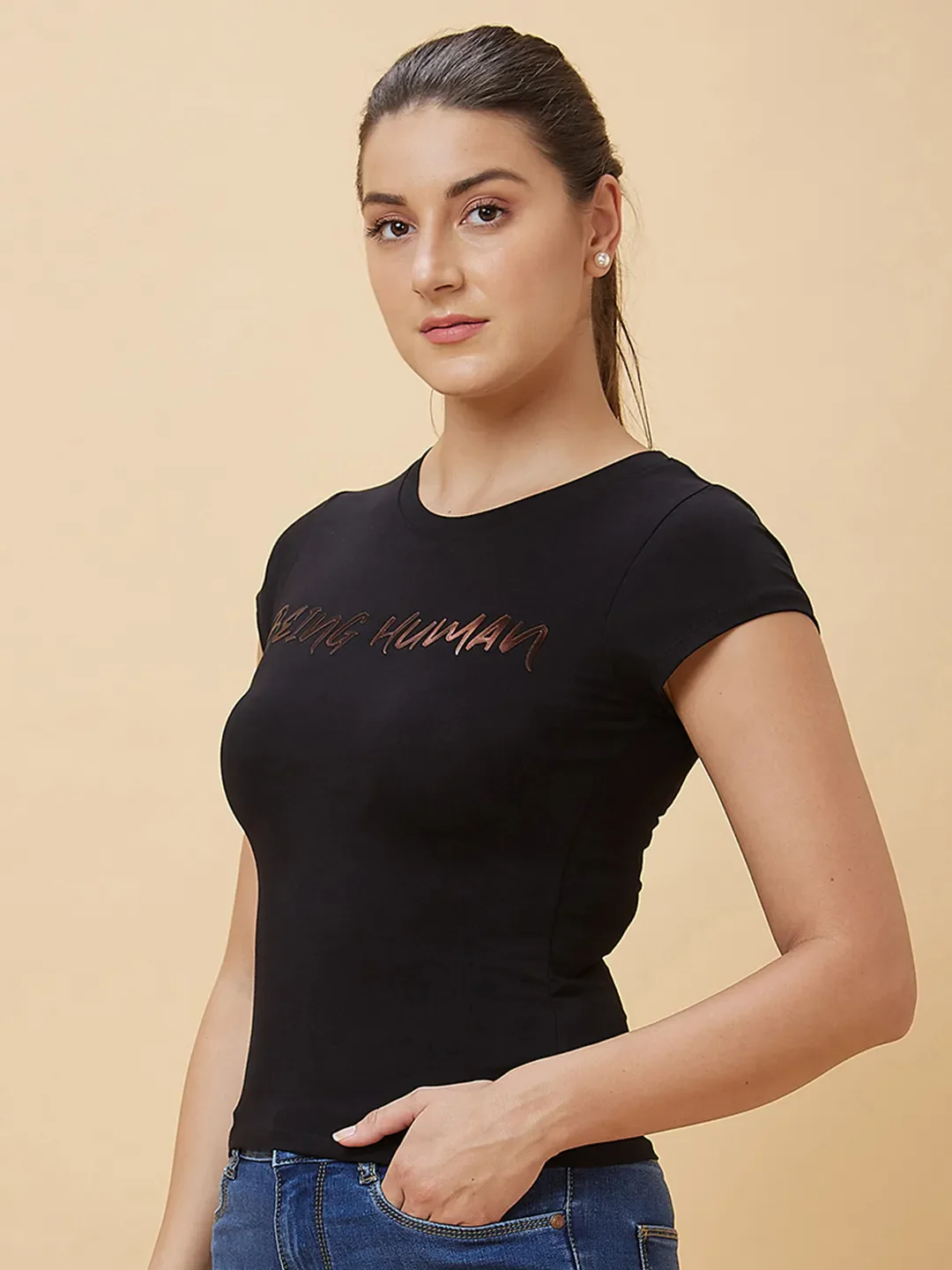 Black Slim Fit Women's Short Sleeve Cropped T-Shirt By Being Human Clothing - Image 4