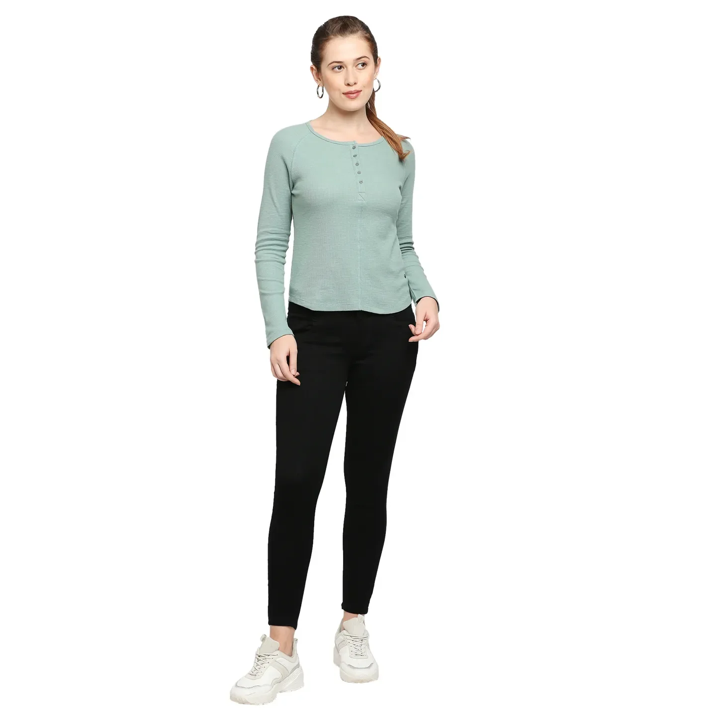 Green Slim Fit Round Neck Long Sleeves Cotton Women's T-Shirt by Being Human Clothing - Image 6