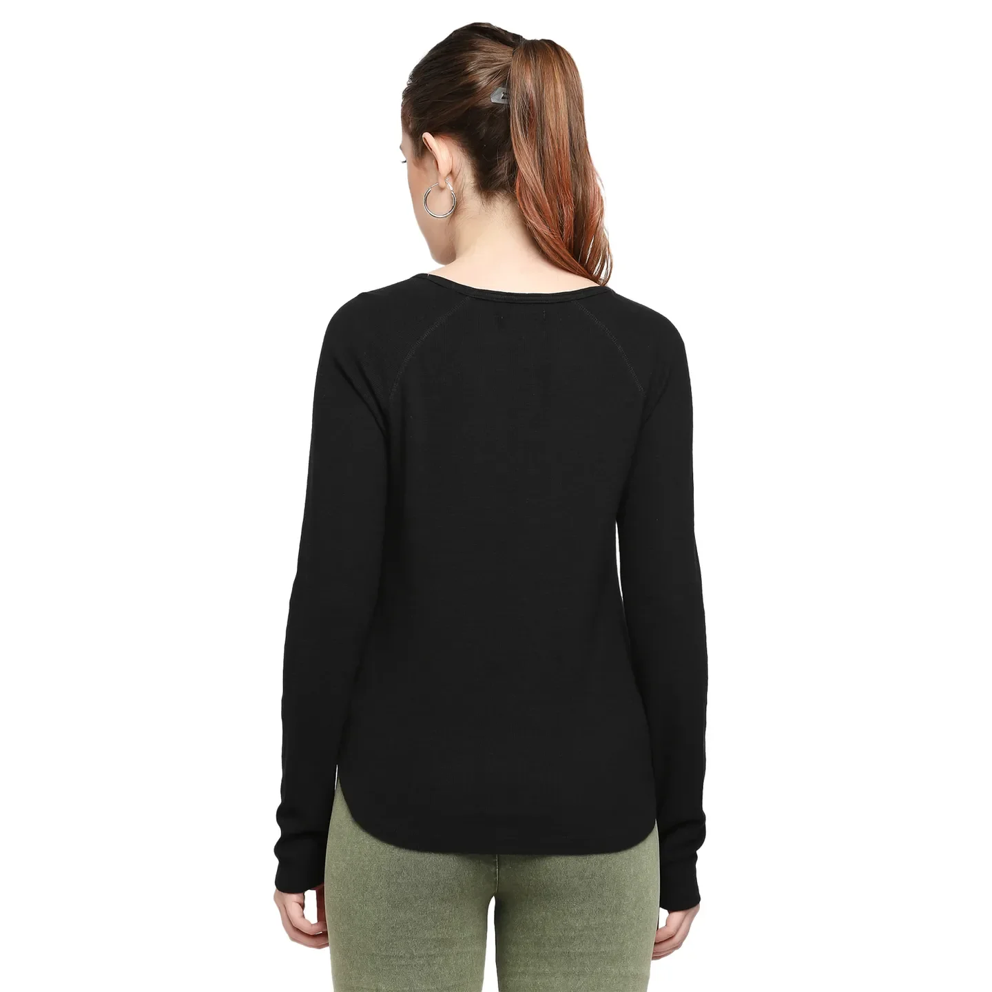 Black Slim Fit Round Neck Long Sleeves Cotton Women's T-Shirt by Being Human Clothing - Image 4