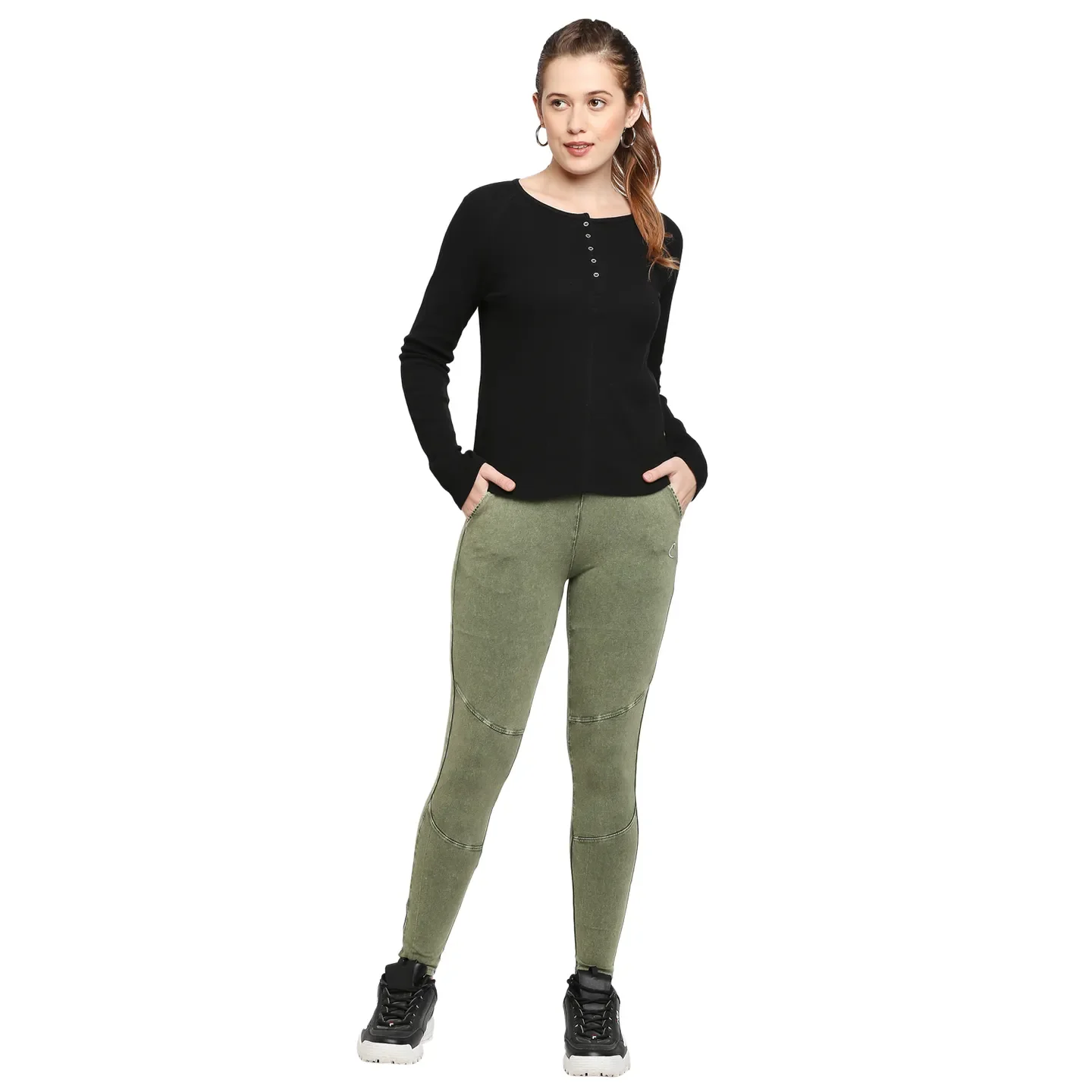 Black Slim Fit Round Neck Long Sleeves Cotton Women's T-Shirt by Being Human Clothing - Image 6
