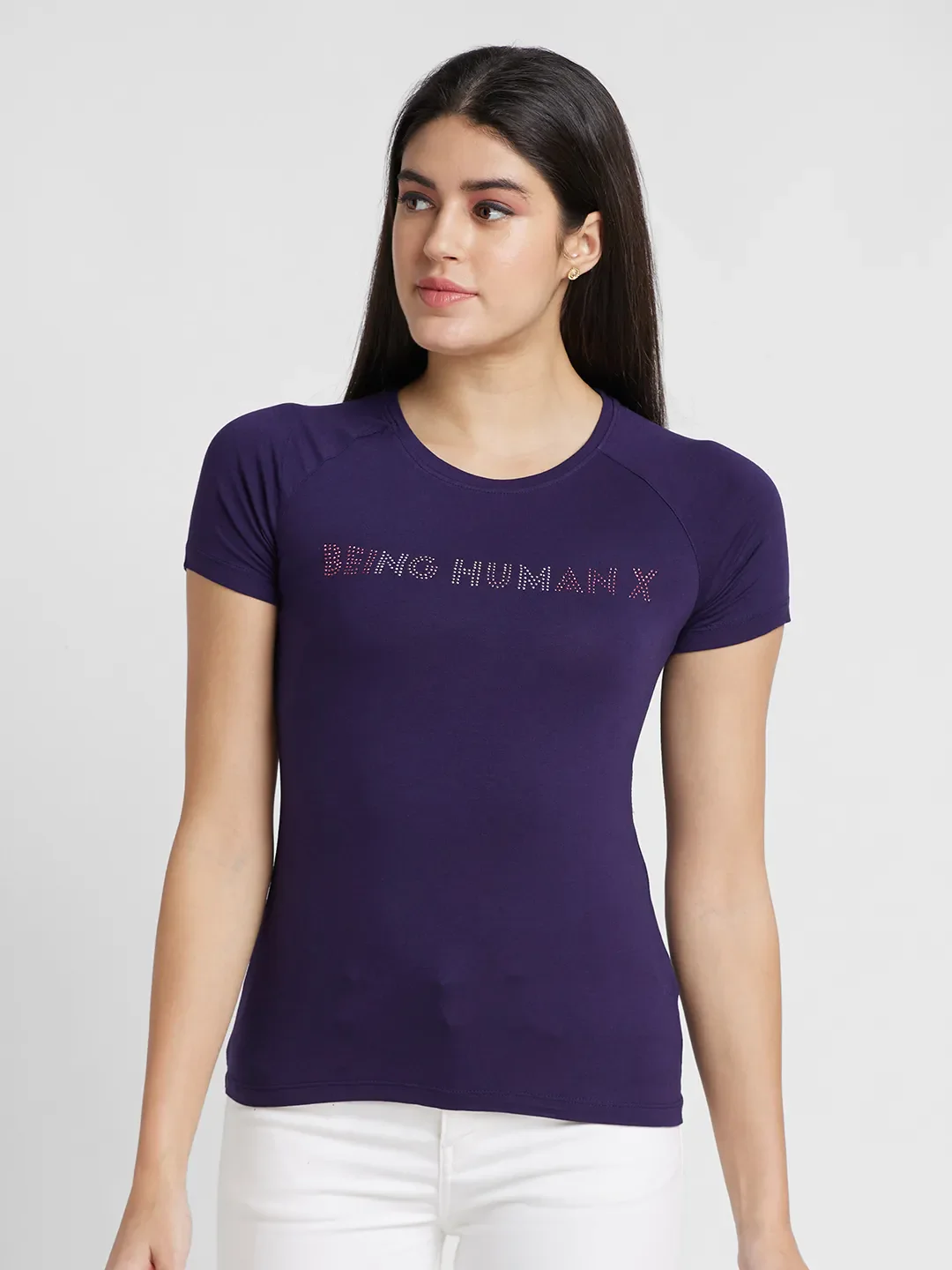 Blue Slim Fit Round Neck Raglan Sleeves Cotton Women's T-Shirt by Being Human Clothing
