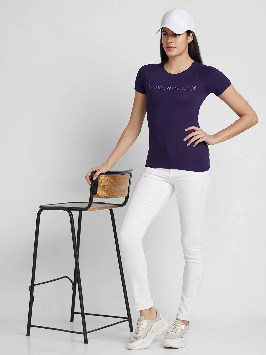 Blue Slim Fit Round Neck Raglan Sleeves Cotton Women's T-Shirt by Being Human Clothing - Image 6