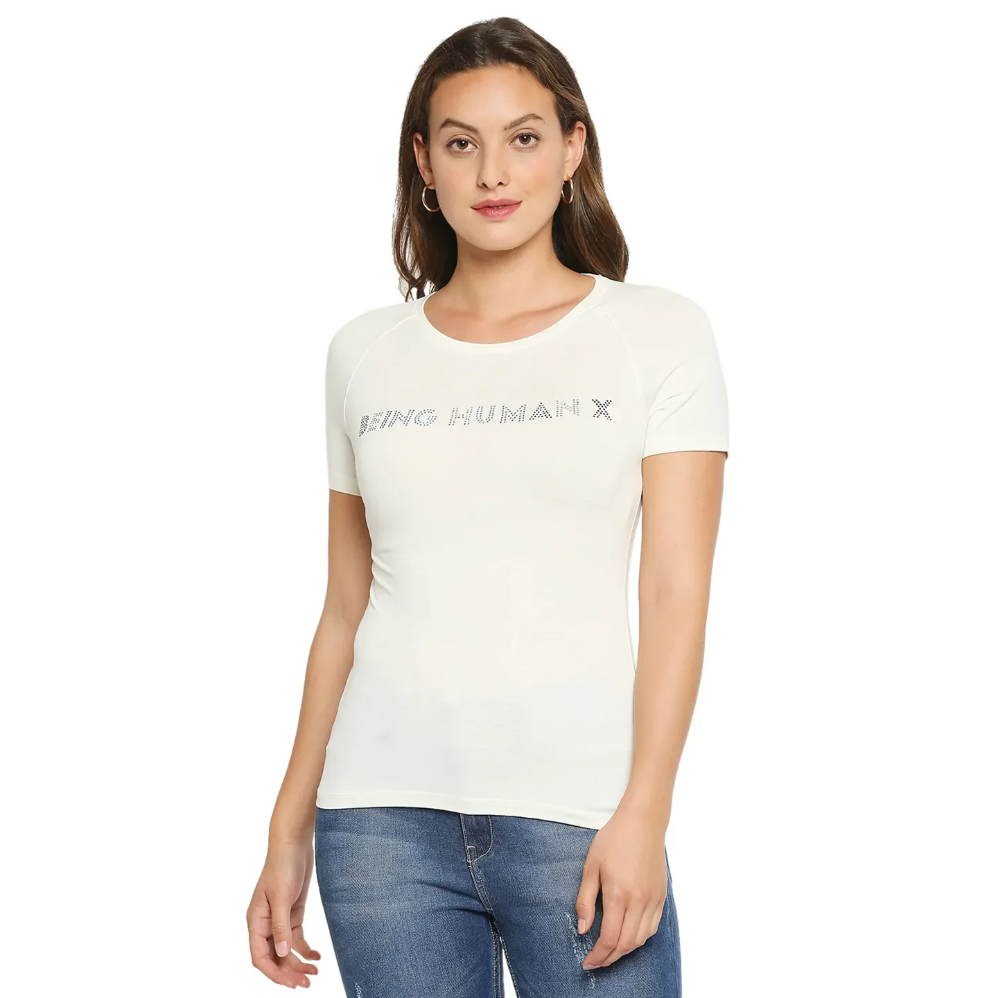 White Slim Fit Round Neck Raglan Sleeves Cotton Women's T-Shirt by Being Human Clothing