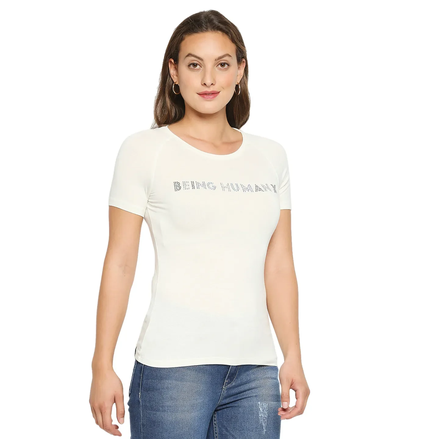 White Slim Fit Round Neck Raglan Sleeves Cotton Women's T-Shirt by Being Human Clothing - Image 2