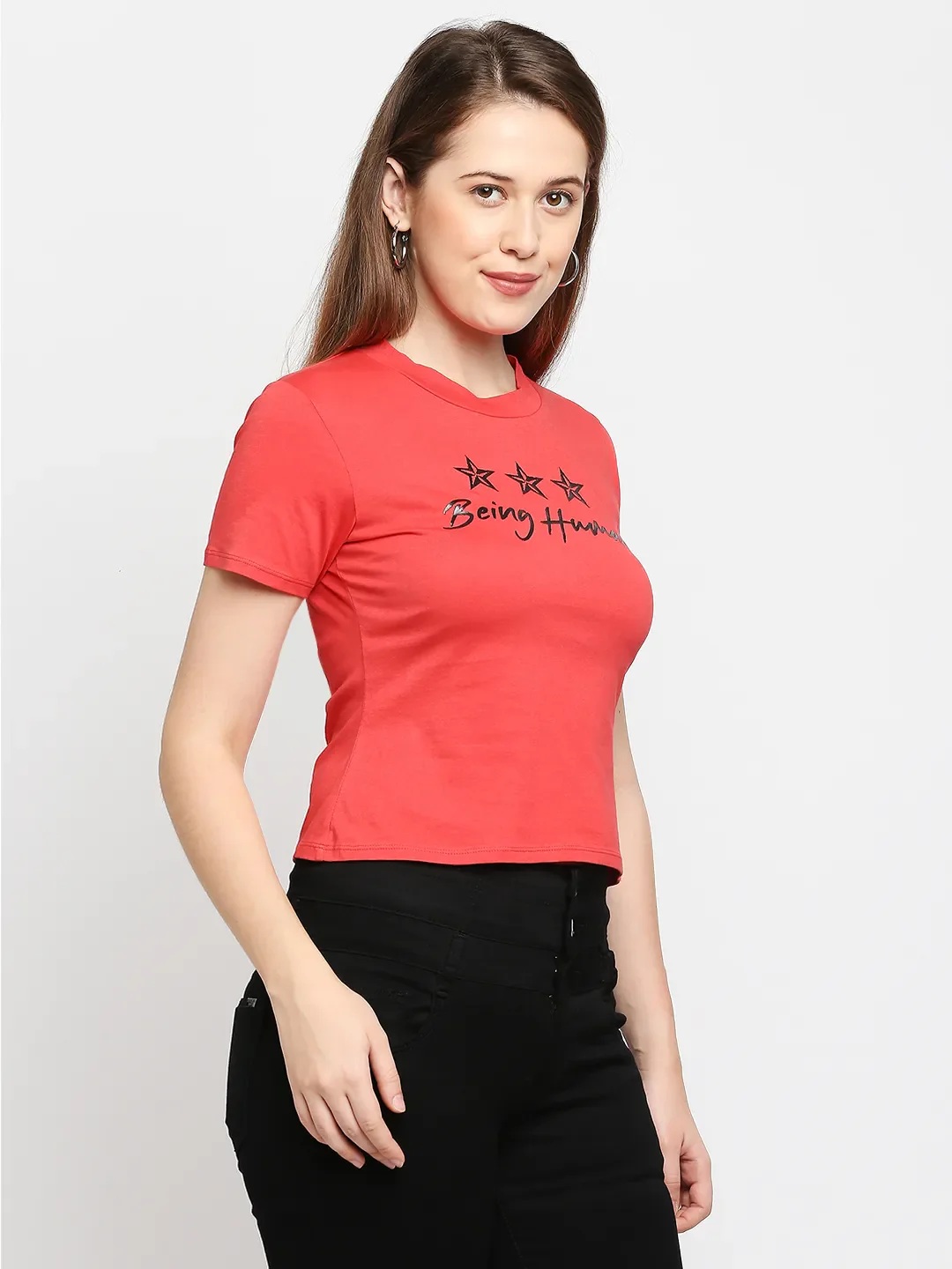 Red Slim Fit Women's Cotton Short Sleeve Cropped T-Shirt By Being Human Clothing - Image 3