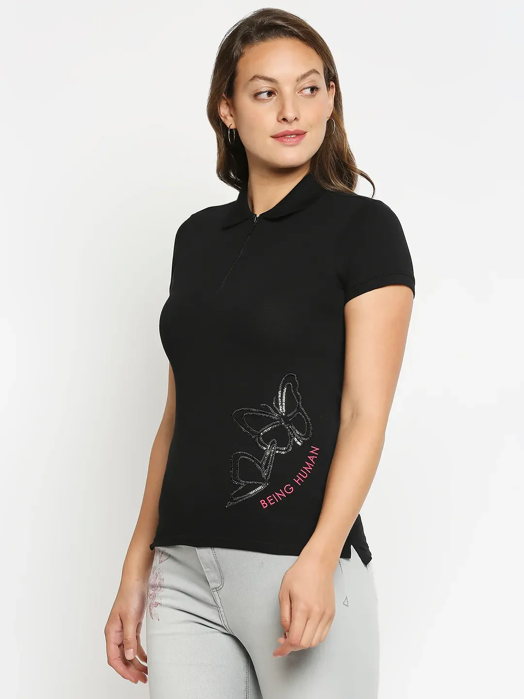 Black Slim Fit Polo Collar Short Sleeves Cotton Women's T-Shirt by Being Human Clothing - Image 2