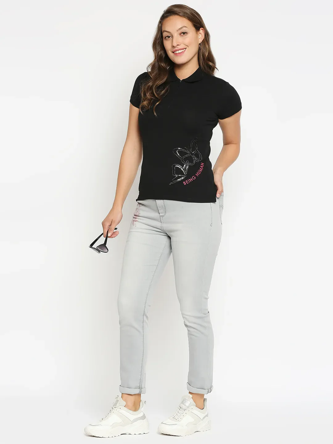 Black Slim Fit Polo Collar Short Sleeves Cotton Women's T-Shirt by Being Human Clothing - Image 5