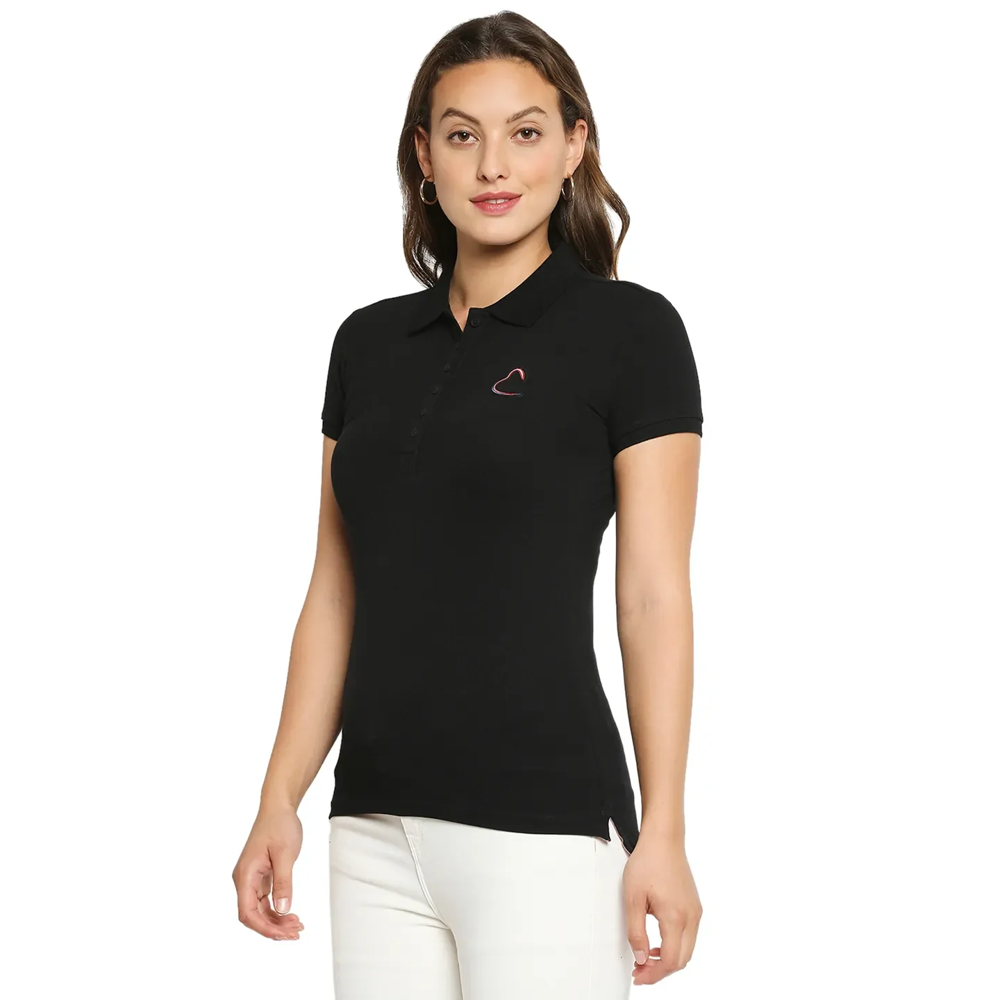 Black Slim Fit Polo Collar Short Sleeves Cotton Women's T-Shirt by Being Human Clothing - Image 2