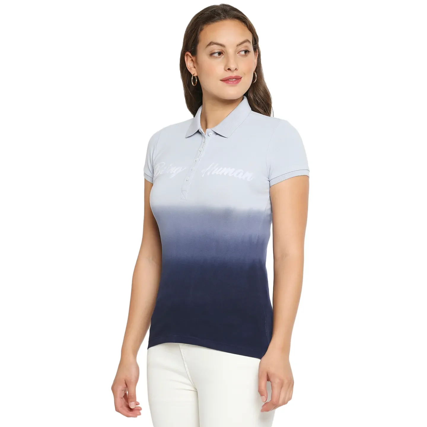 Grey Slim Fit Polo Collar Short Sleeves Cotton Women's T-Shirt by Being Human Clothing - Image 2