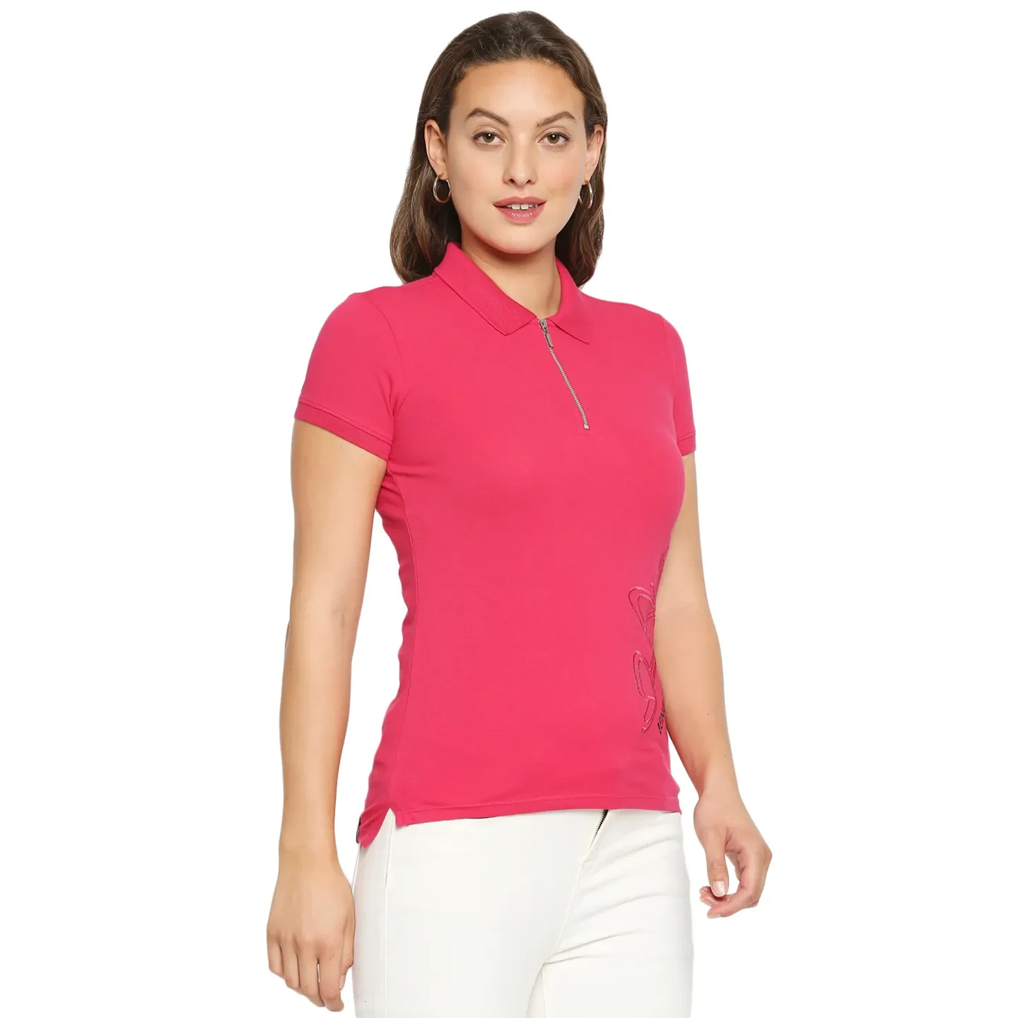 Pink Slim Fit Polo Collar Short Sleeves Cotton Women's T-Shirt by Being Human Clothing - Image 6