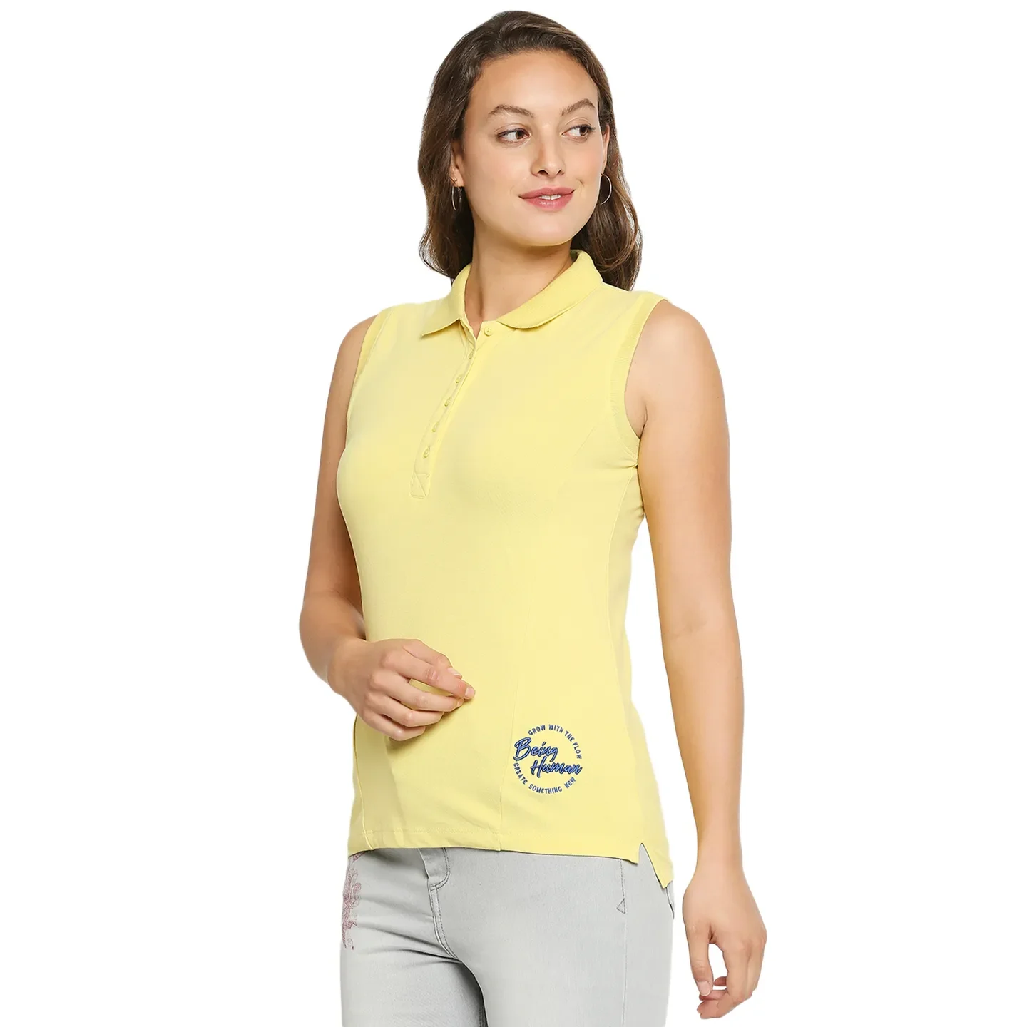 Yellow Slim Fit Polo Collar Sleevesles Cotton Women's T-Shirt by Being Human Clothing - Image 3