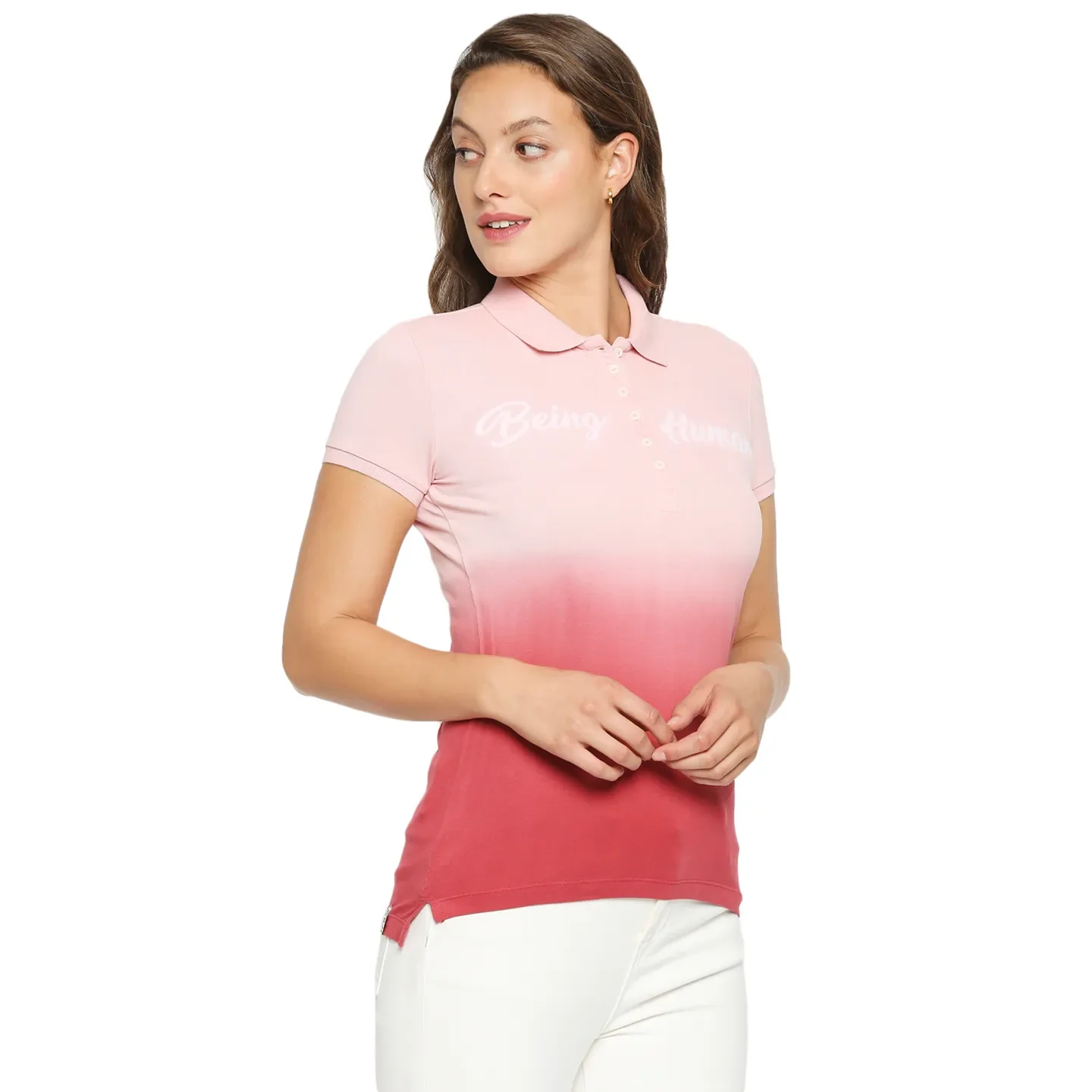 Pink Slim Fit Polo Collar Short Sleeves Cotton Women's T-Shirt by Being Human Clothing - Image 4