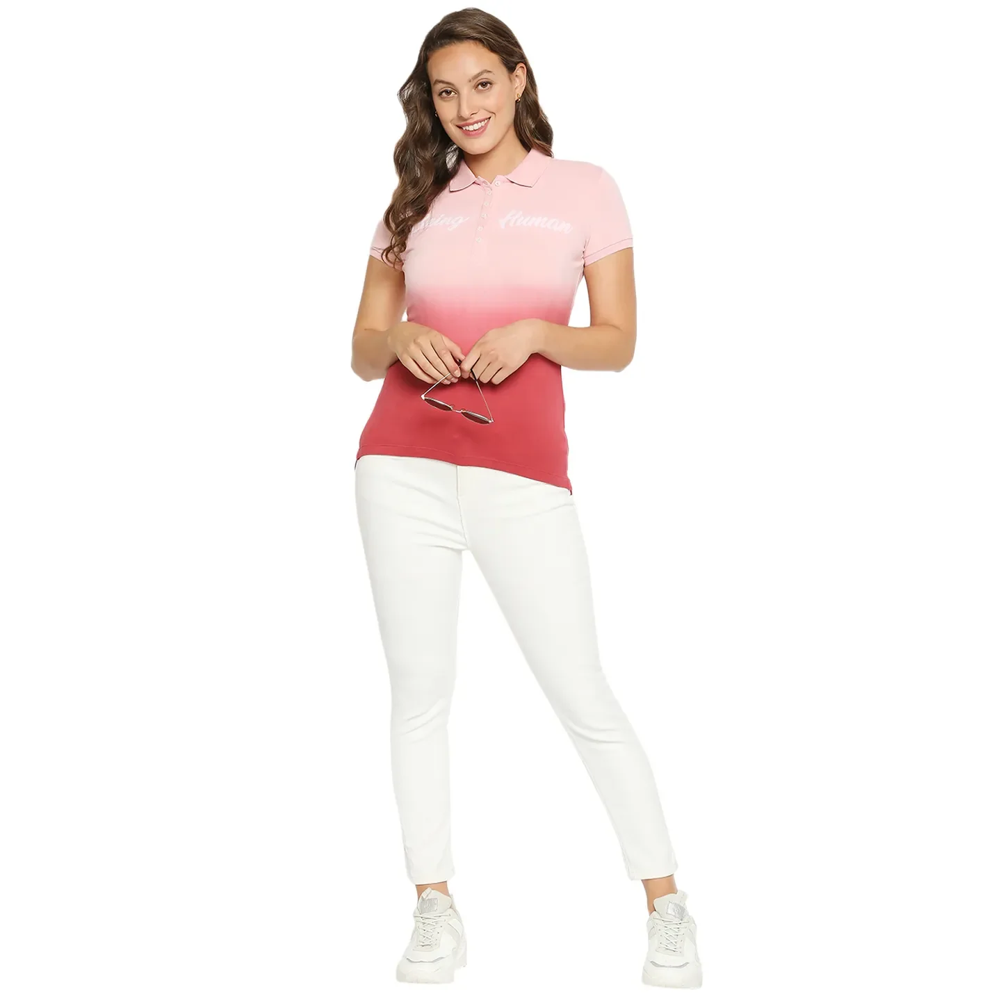 Pink Slim Fit Polo Collar Short Sleeves Cotton Women's T-Shirt by Being Human Clothing - Image 5