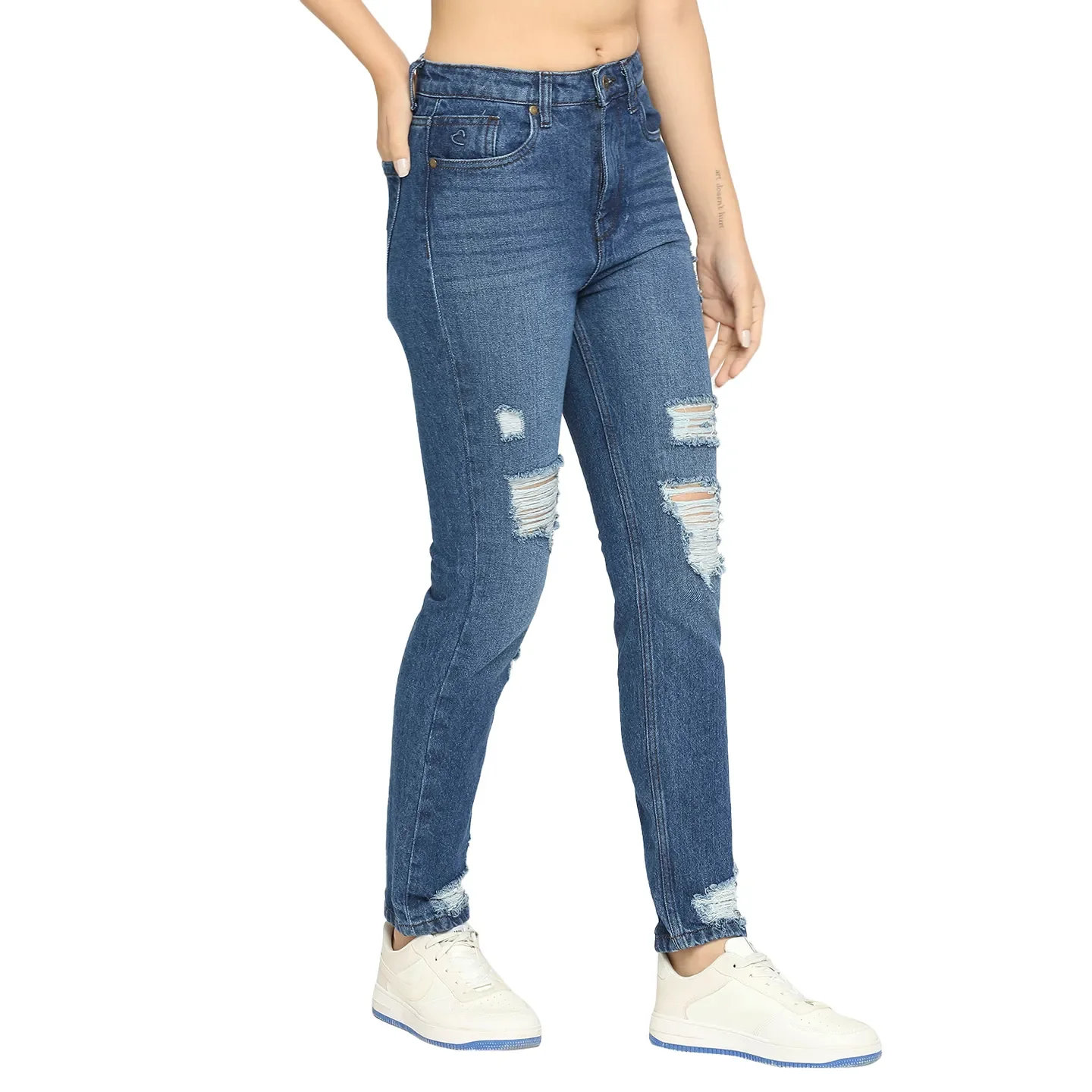 Blue High Rise Straight Fit Women's Destressed Denim By Being Human Clothing - Image 3