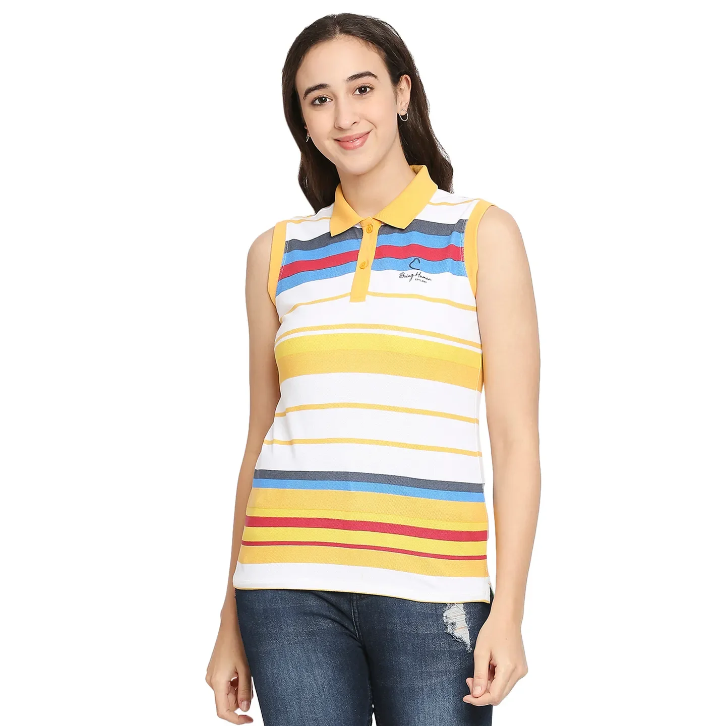 White Tank Fit Polo Collar Short Sleeves Cotton Women's T-Shirt by Being Human Clothing