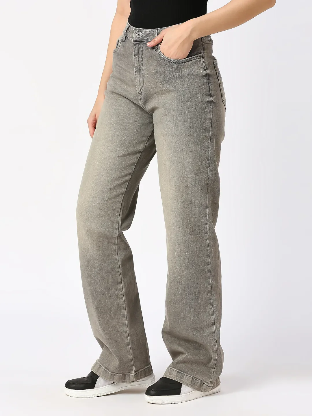 Grey Wide Flare Leg High Rise Women's Denim By Being Human Clothing - Image 2