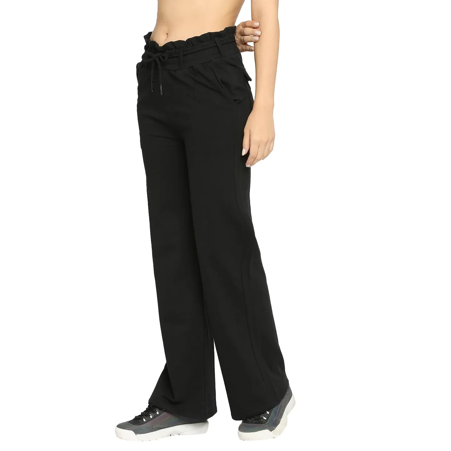 Black Wide Leg Fit Women's Cotton Track Pants By Being Human Clothing - Image 2