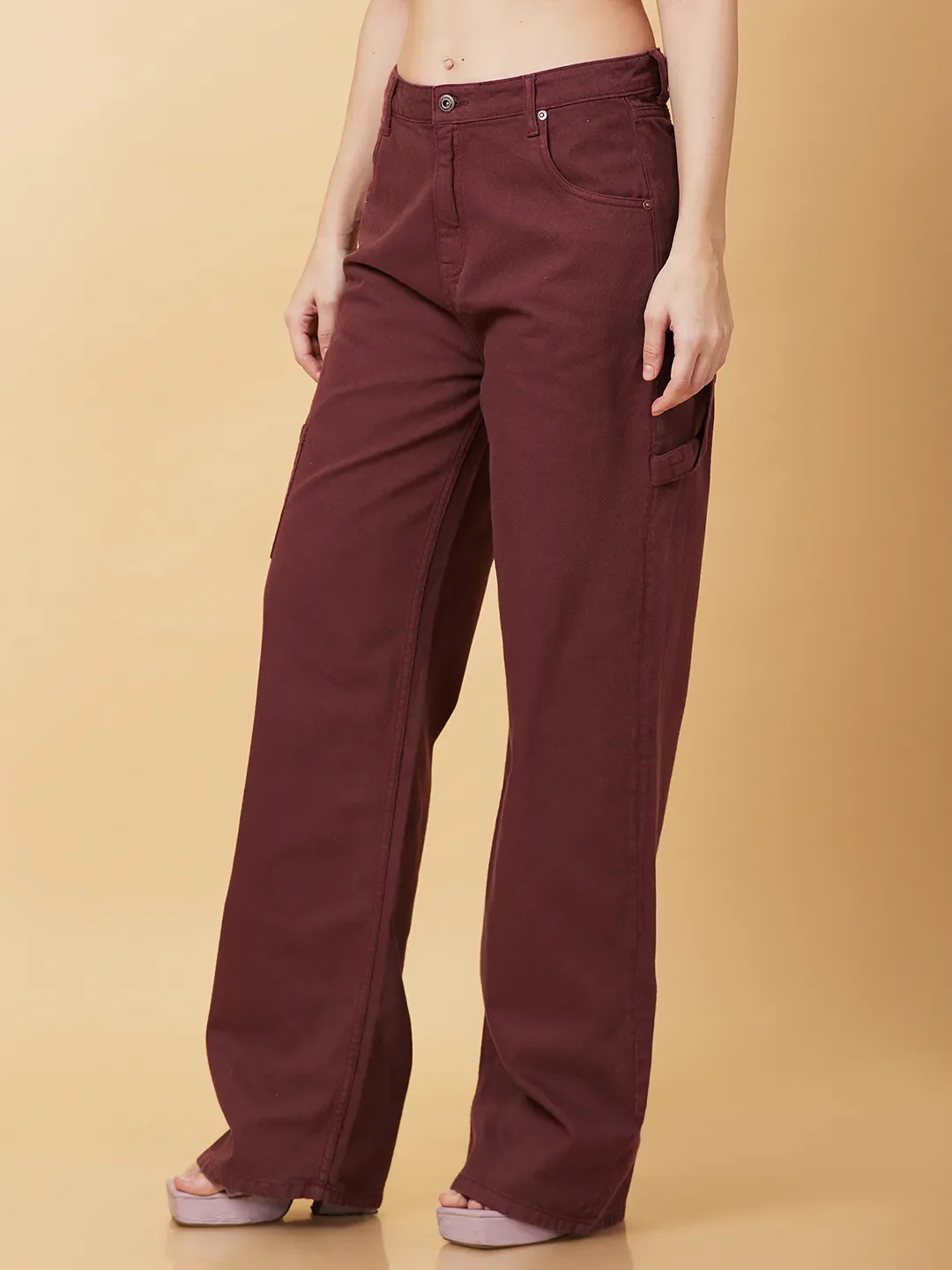 Maroon Wide Leg Cargo Fit Women's Denims By Being Human Clothing - Image 4
