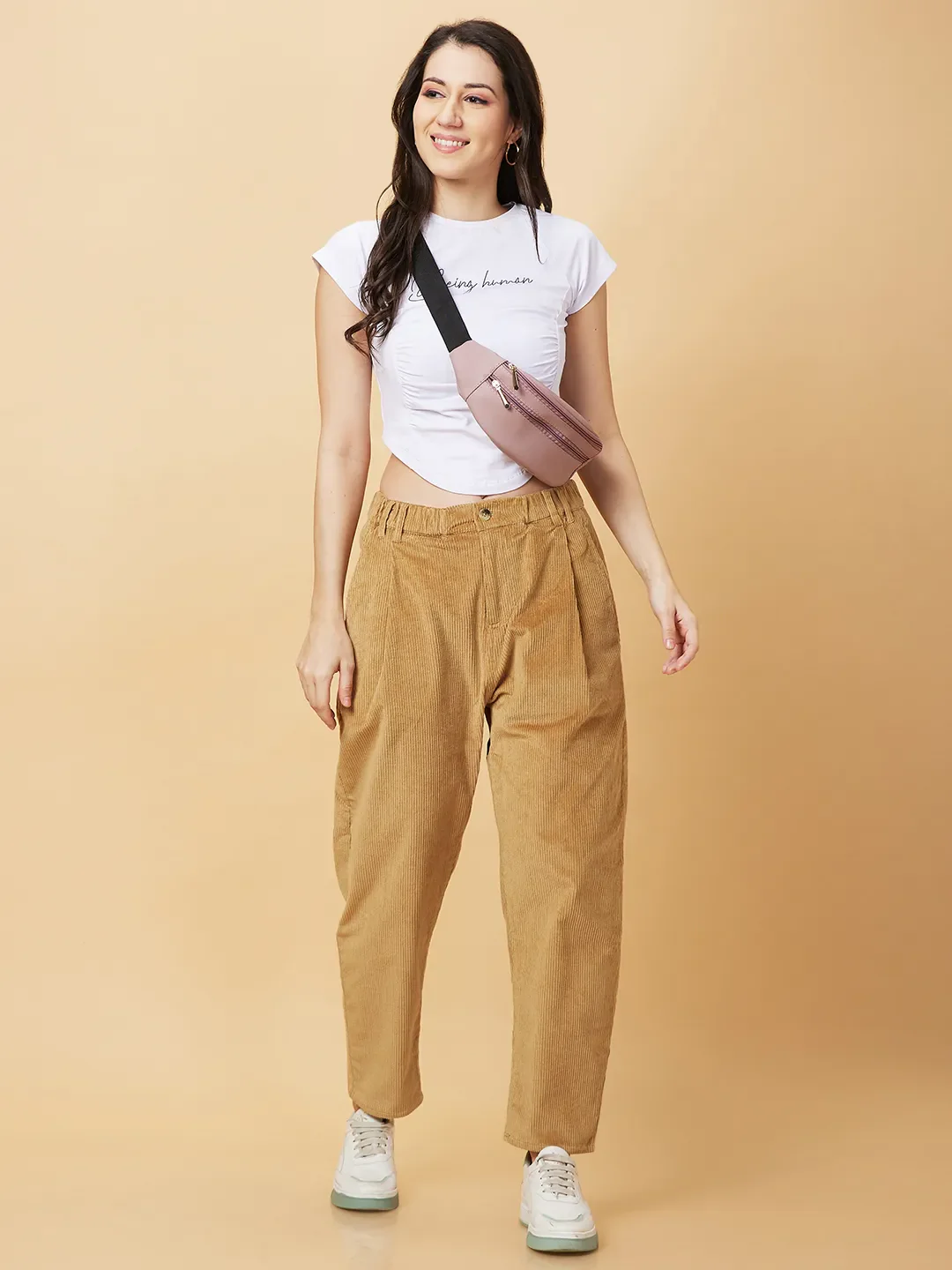 Beige Easy Fit Women's Cotton Track Pants By Being Human Clothing - Image 6