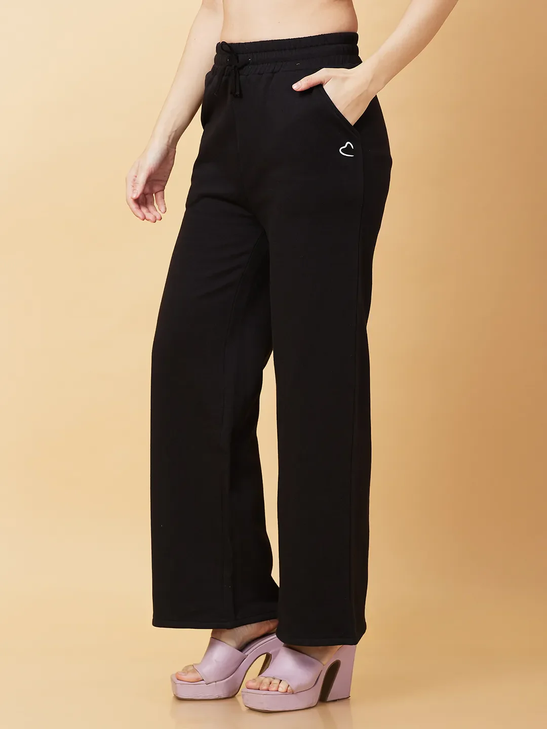 Black Wide Leg Fit Women's Cotton Blend Track Pants By Being Human Clothing - Image 4