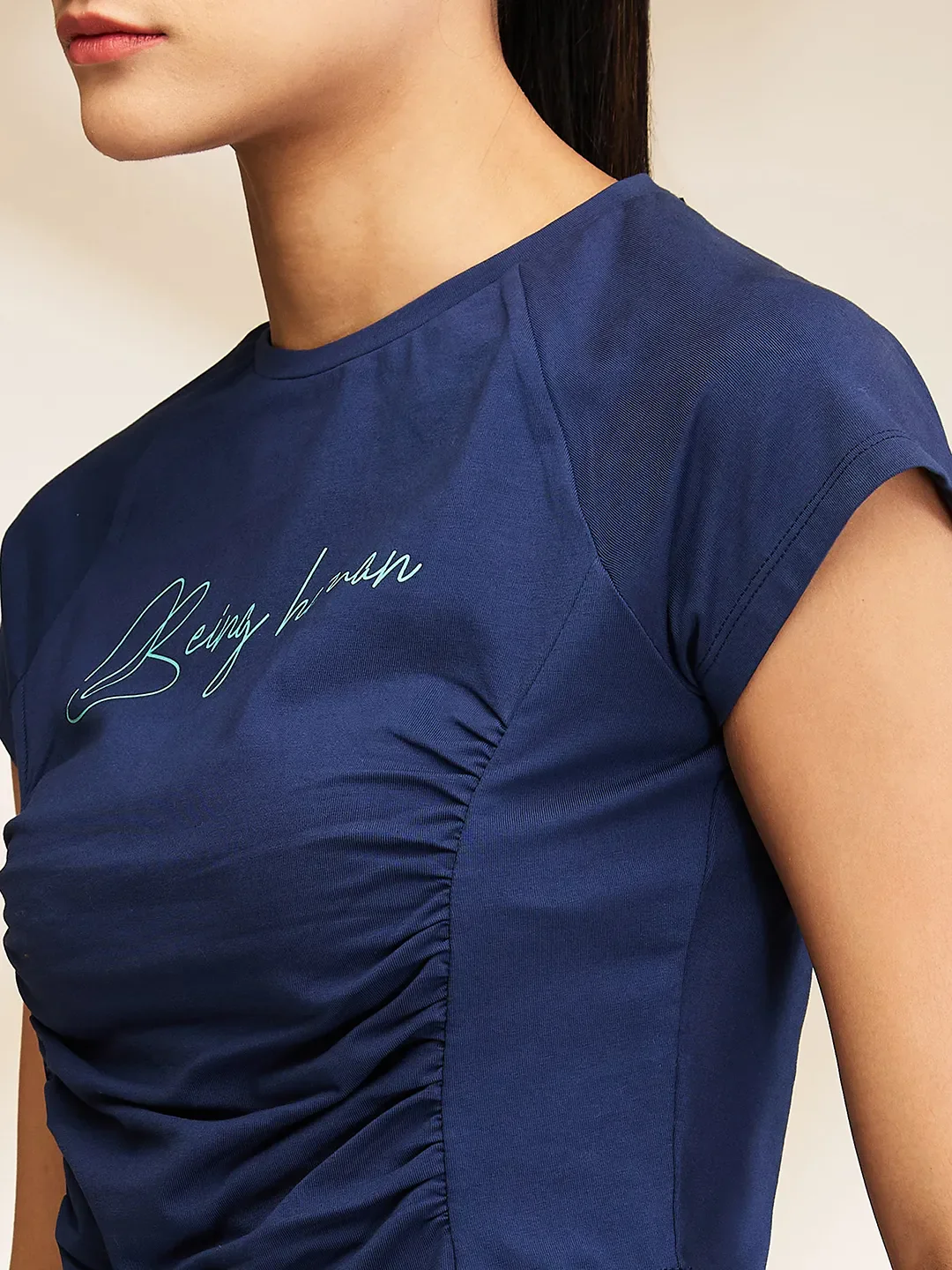 Blue Slim Fit Women's Short Sleeve Cropped T-Shirt By Being Human Clothing - Image 5