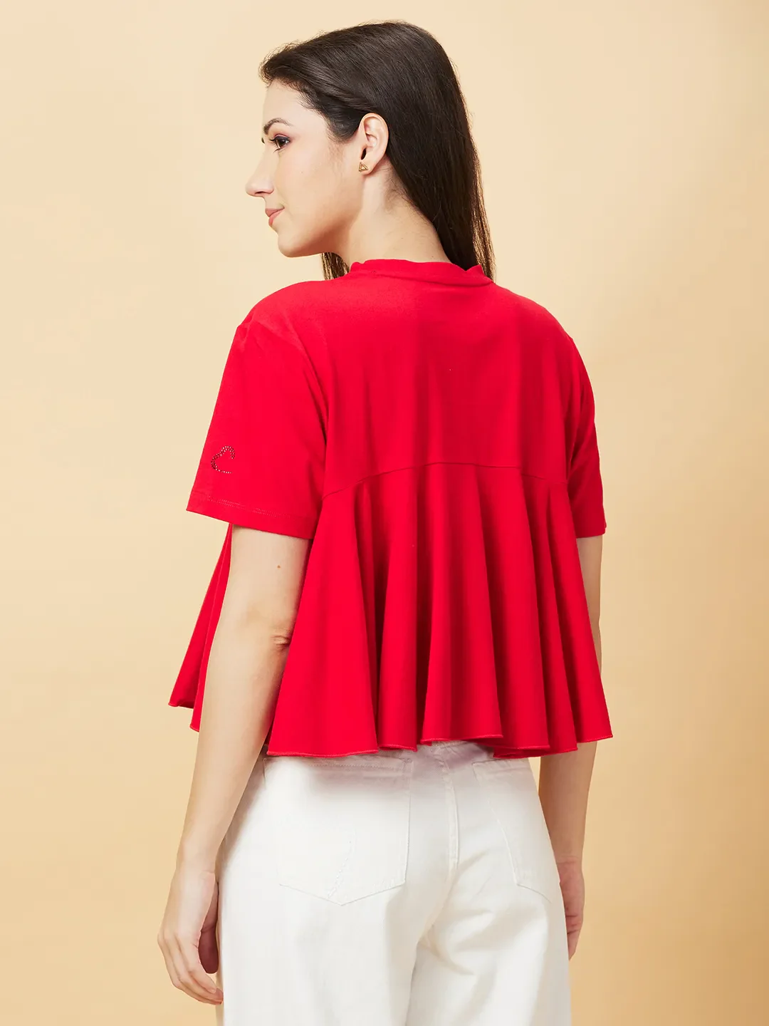 Red Flared Women's Cotton Short Sleeve Cropped T-Shirt By Being Human Clothing - Image 3