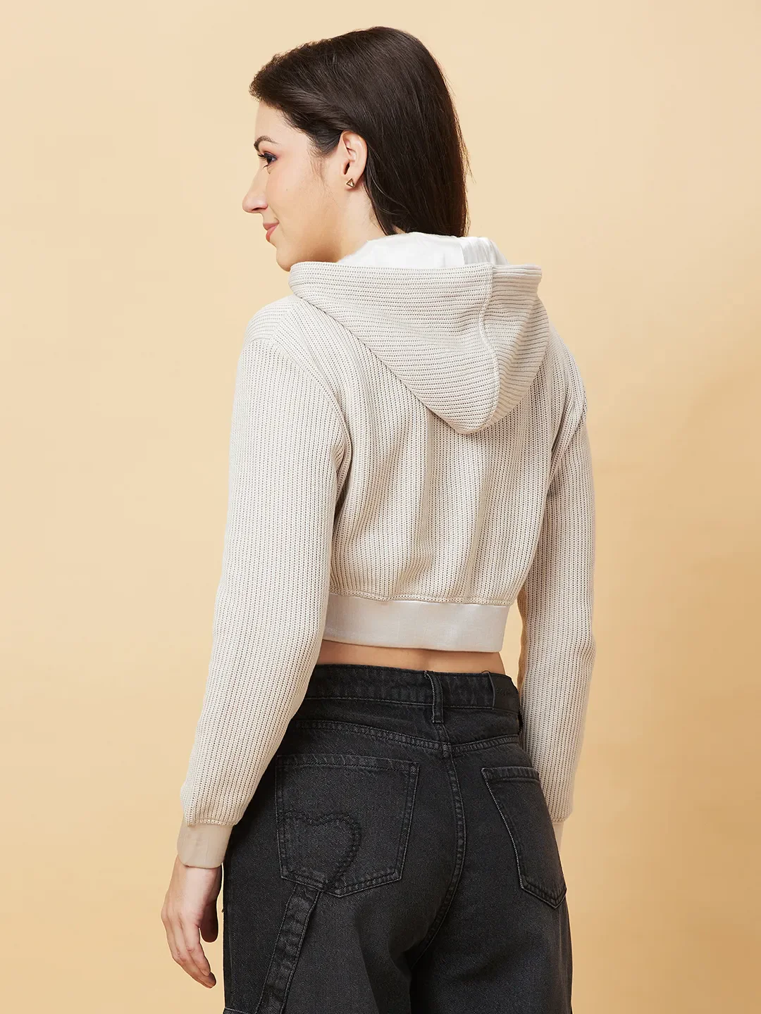 Off White Boxy Fit Women's Cotton Long Sleeve Cropped Hoodie By Being Human Clothing - Image 3