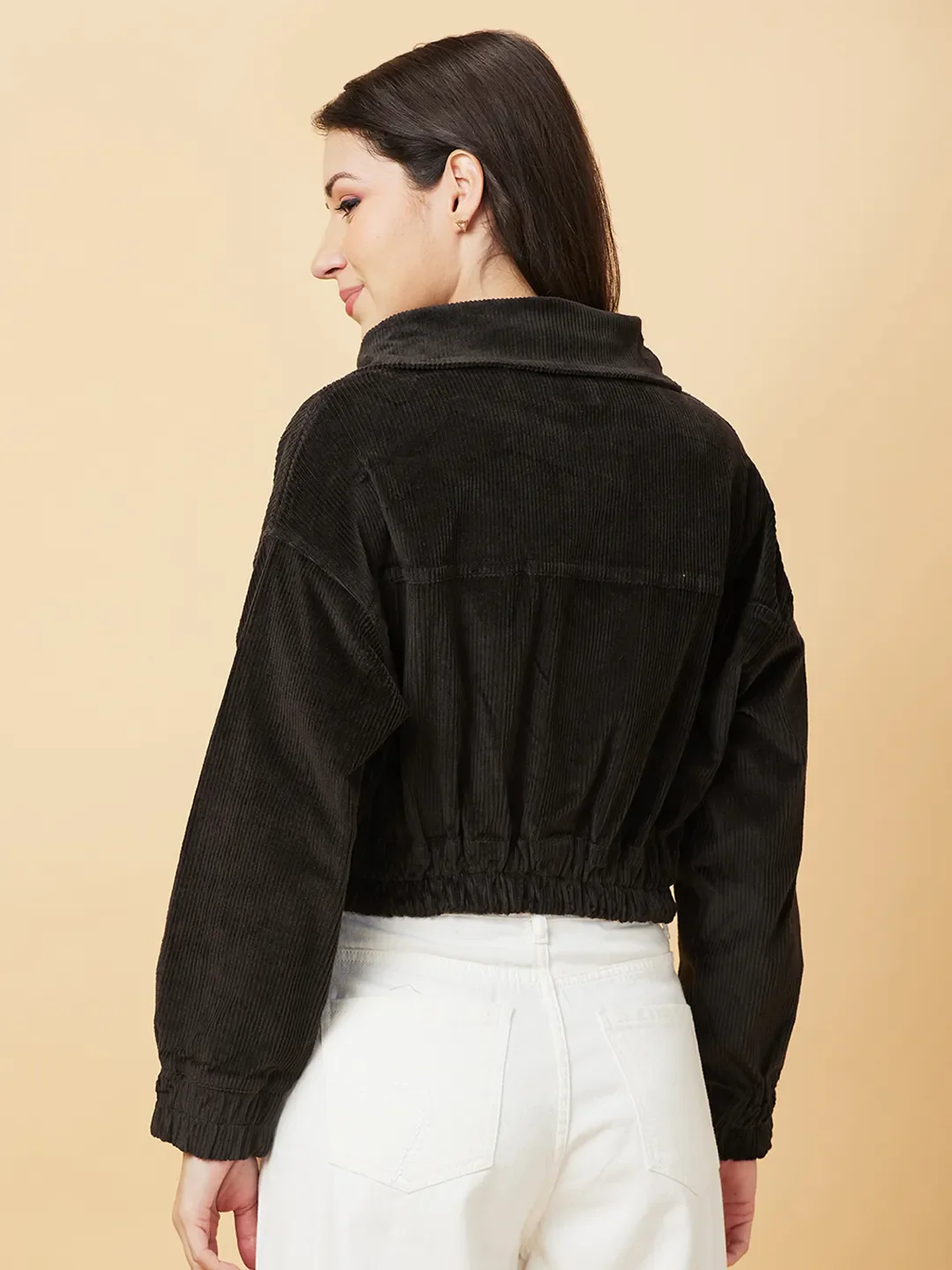 Dark Olive Boxy Fit Women's Cotton Puffed Long Sleeve Cropped Jacket By Being Human Clothing - Image 3