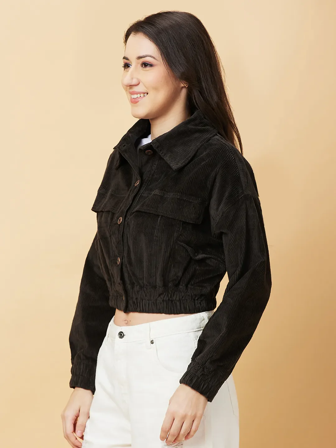 Dark Olive Boxy Fit Women's Cotton Puffed Long Sleeve Cropped Jacket By Being Human Clothing - Image 4