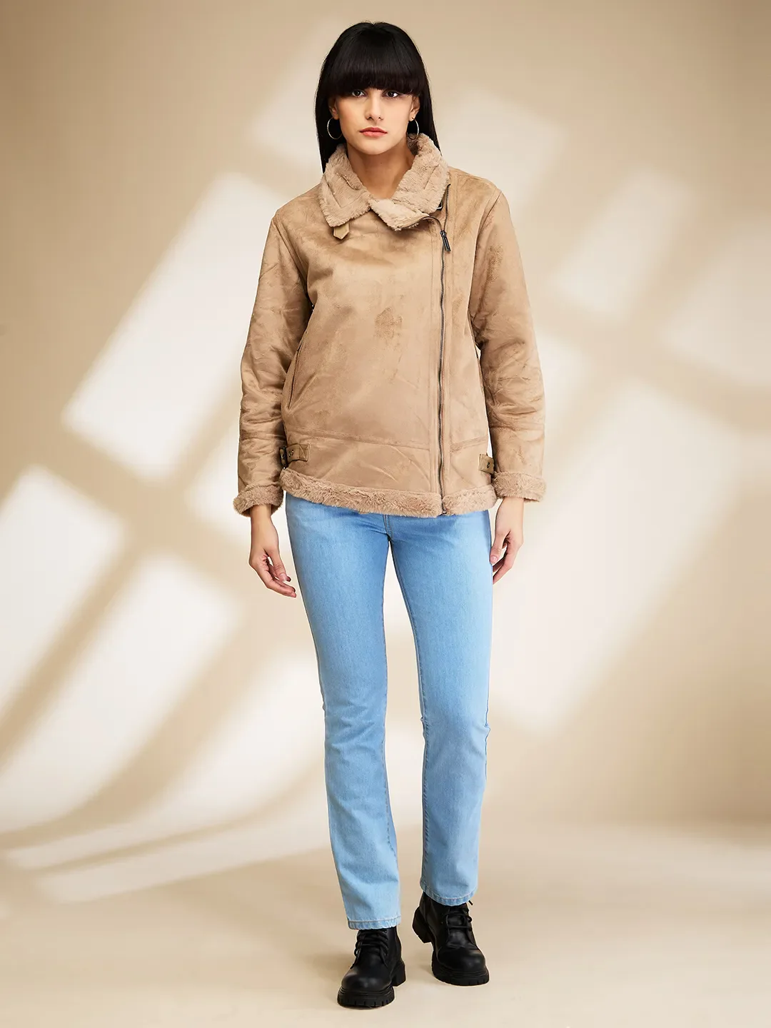 Light Brown Easy Fit Long Sleeve Women's Jacket By Being Human Clothing - Image 2