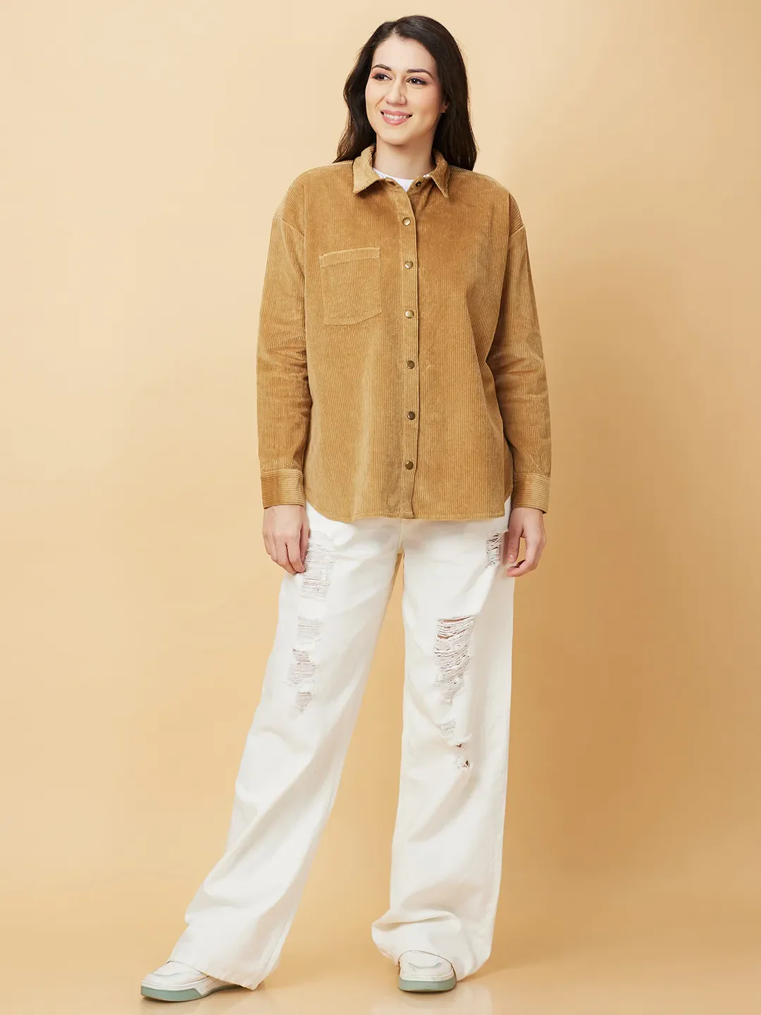Beige Loose Fit Women's Cotton Shirts By Being Human Clothing - Image 2