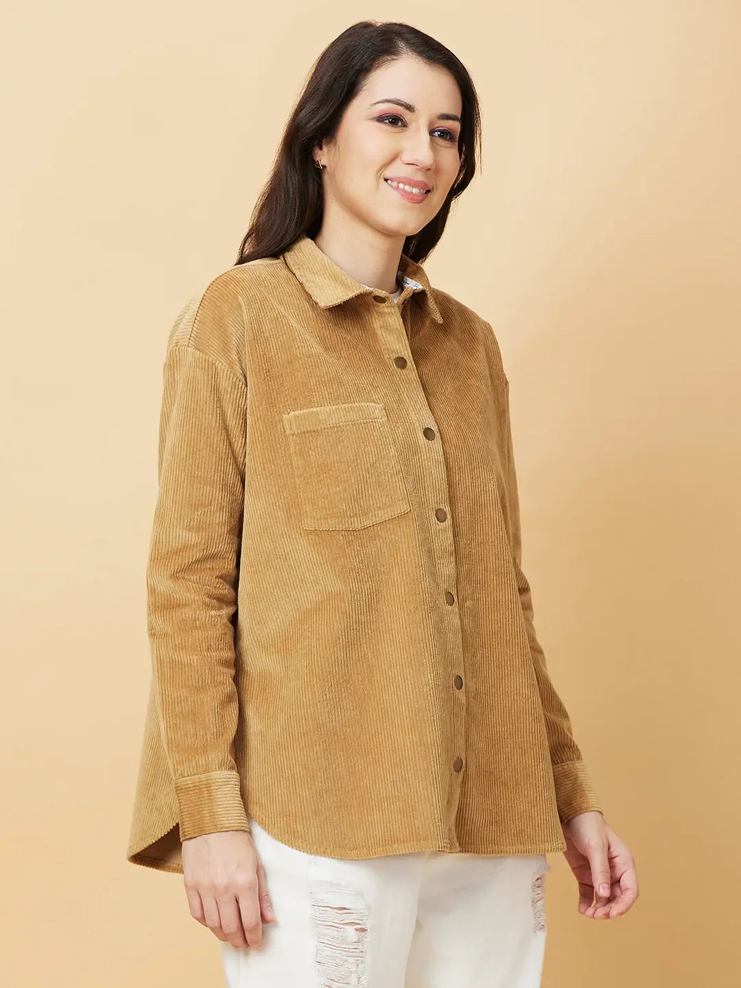 Beige Loose Fit Women's Cotton Shirts By Being Human Clothing - Image 4