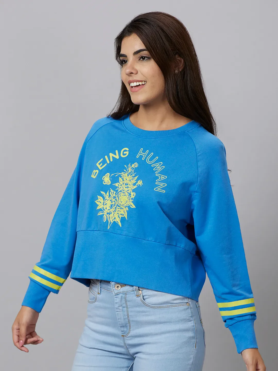 Blue Boxy Fit Women's Cotton Sweatshirt By Being Human Clothing - Image 4
