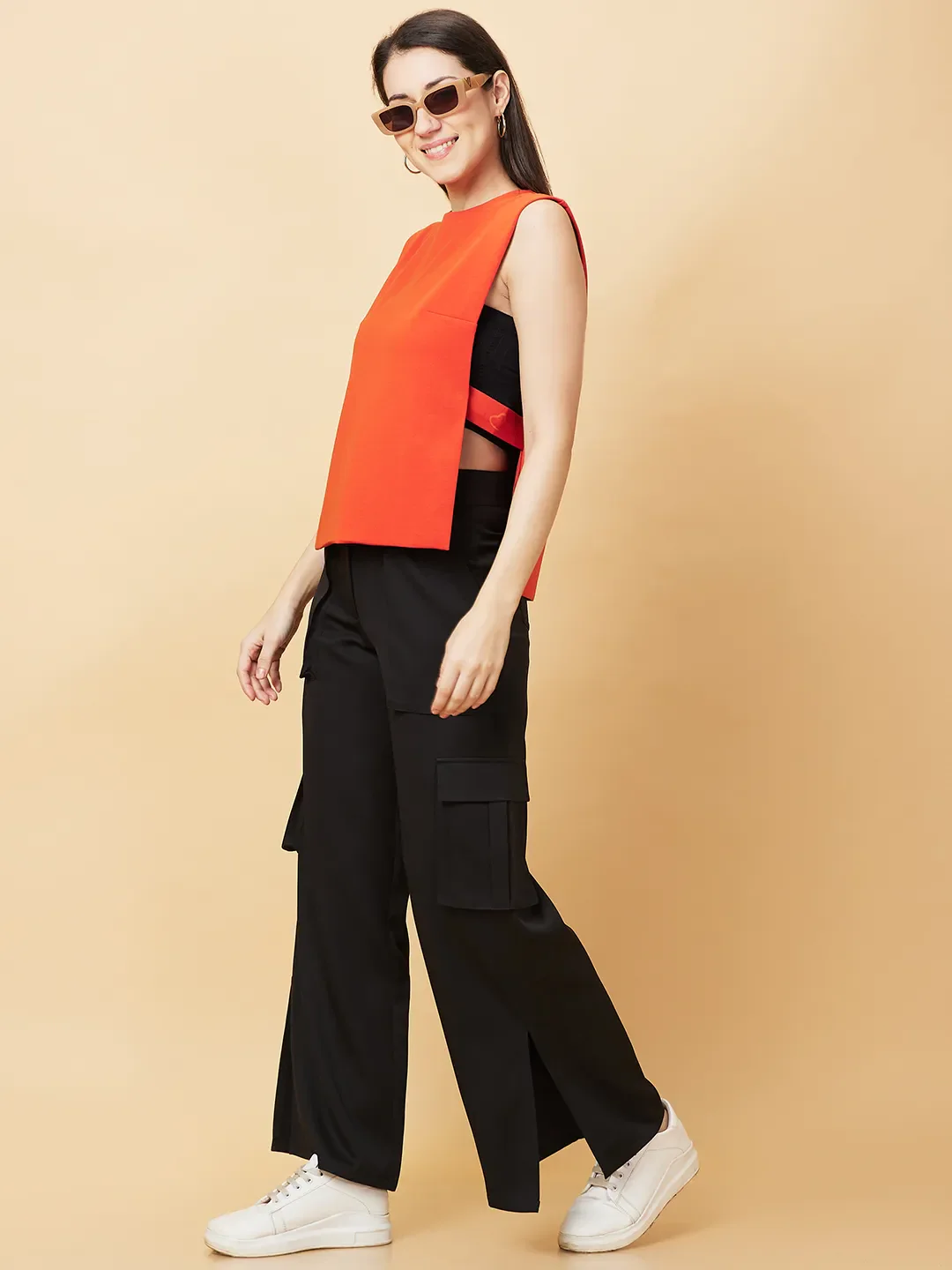 Orange Sidecut Semi Fit Sleeveless Women's Sweatshirt By Being Human Clothing - Image 6