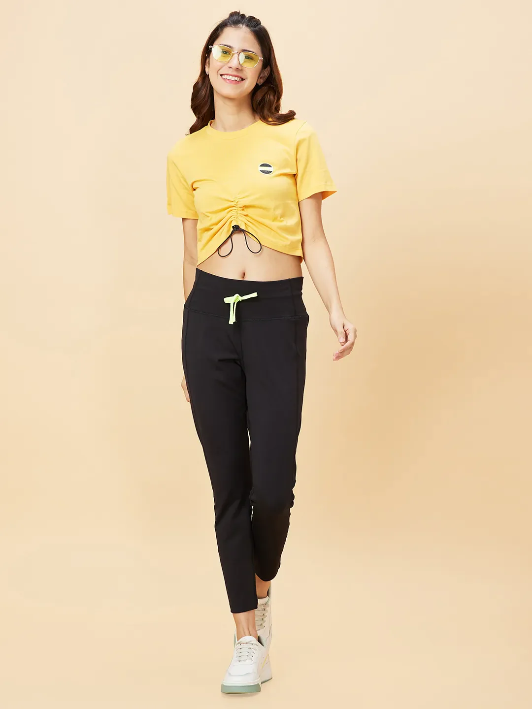Yellow Slim Fit Women's Cotton Cropped T-Shirt By Being Human Clothing - Image 2