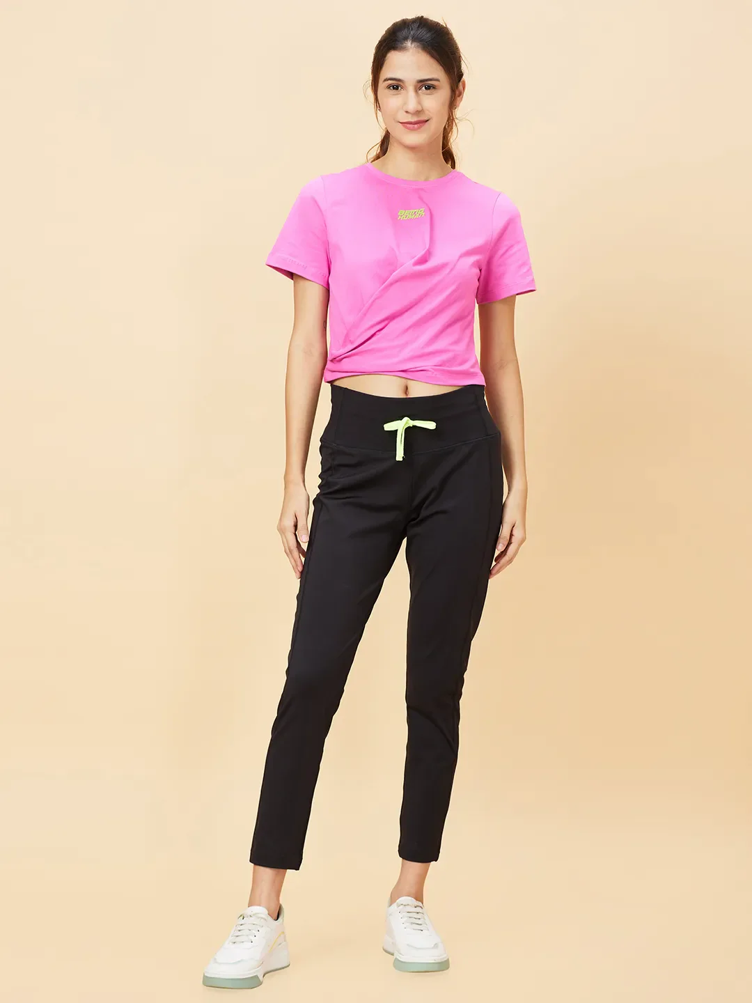 Pink Slim Fit Women's Cotton Cropped T-Shirt By Being Human Clothing - Image 6