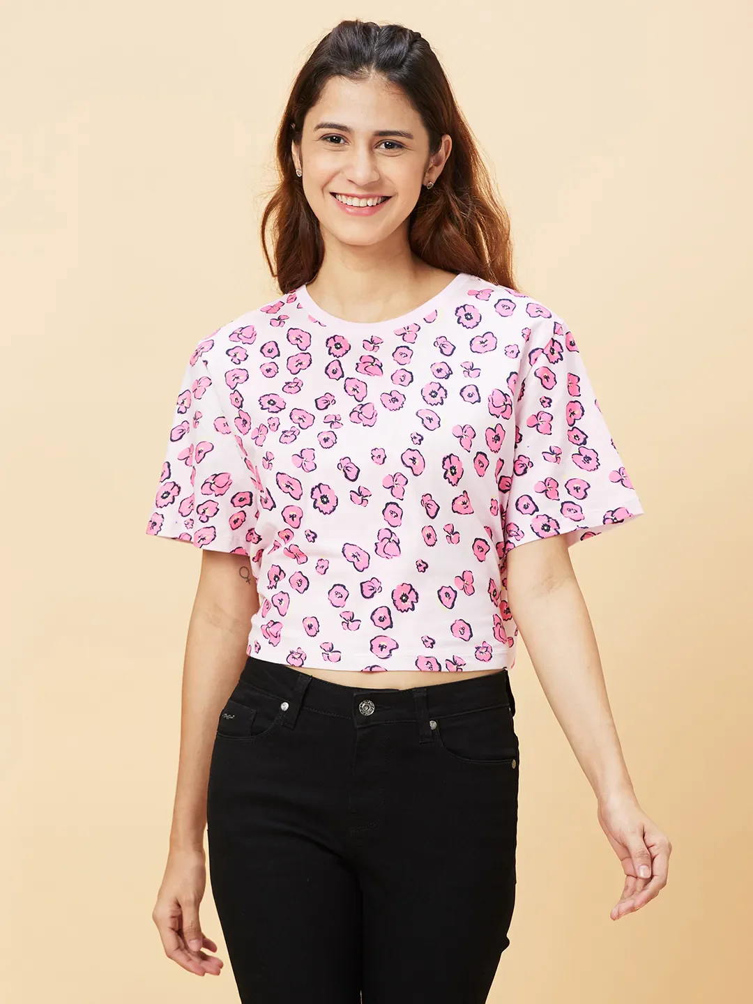 Pink Boxy Fit Women's Cotton Cropped T-Shirt By Being Human Clothing