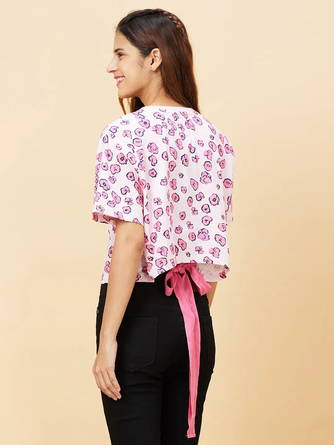 Pink Boxy Fit Women's Cotton Cropped T-Shirt By Being Human Clothing - Image 4