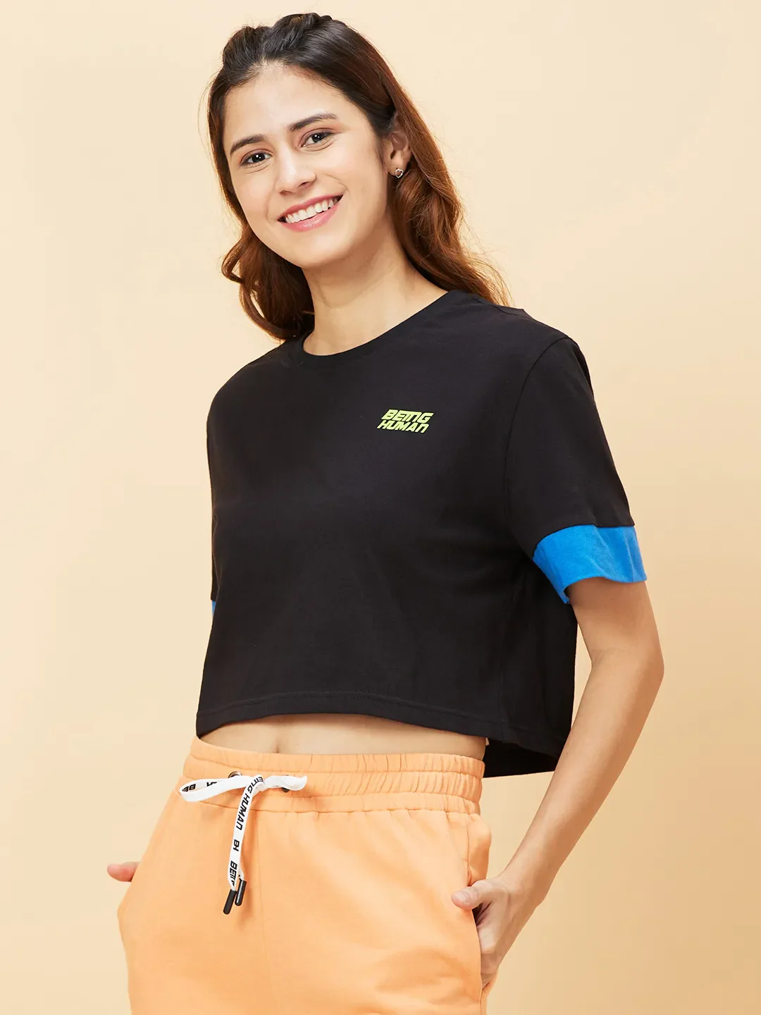 Black Boxy Fit Women's Cotton Cropped T-Shirt By Being Human Clothing - Image 3