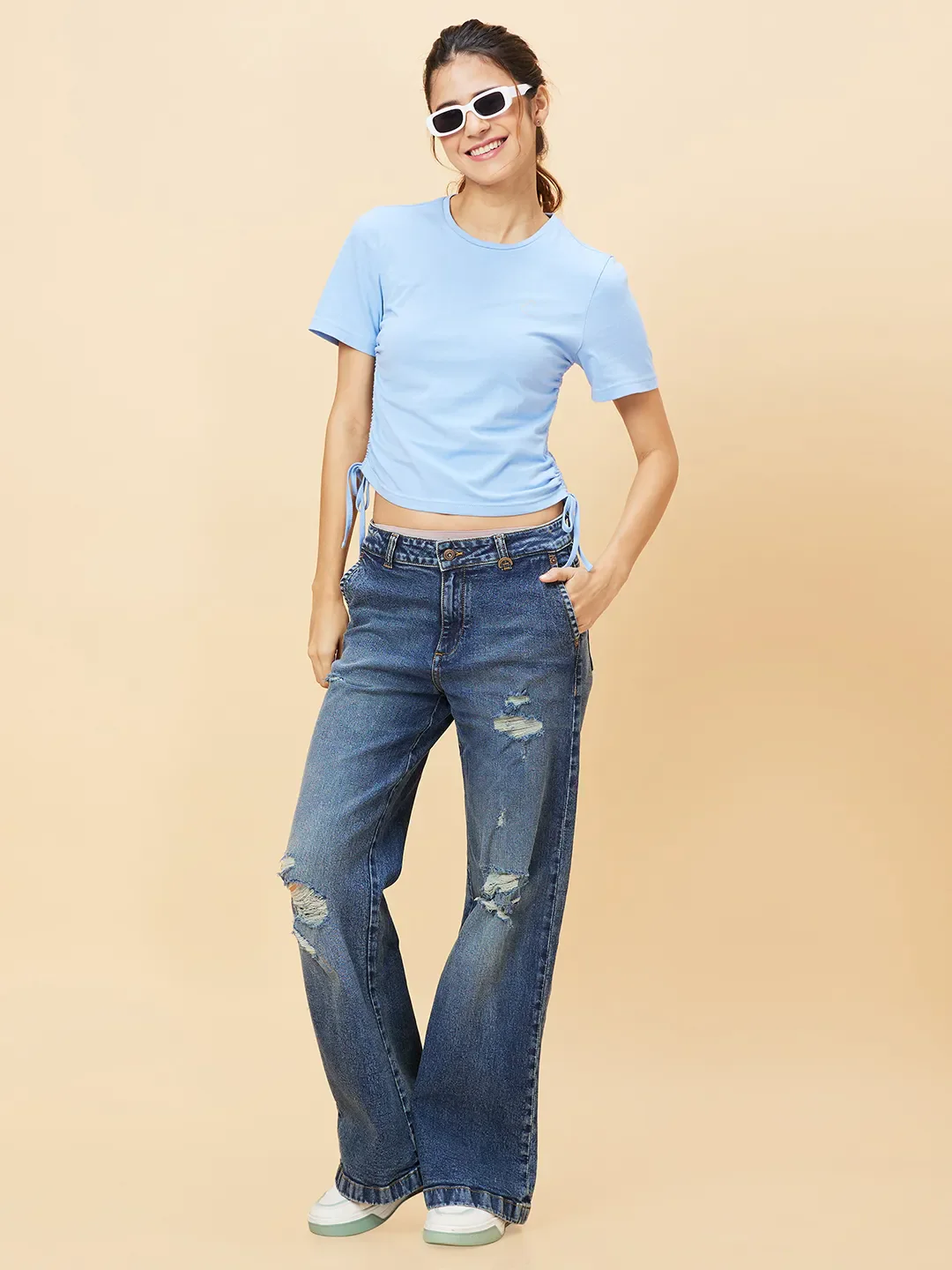Blue Boxy Fit Women's Cotton Cropped T-Shirt By Being Human Clothing - Image 2