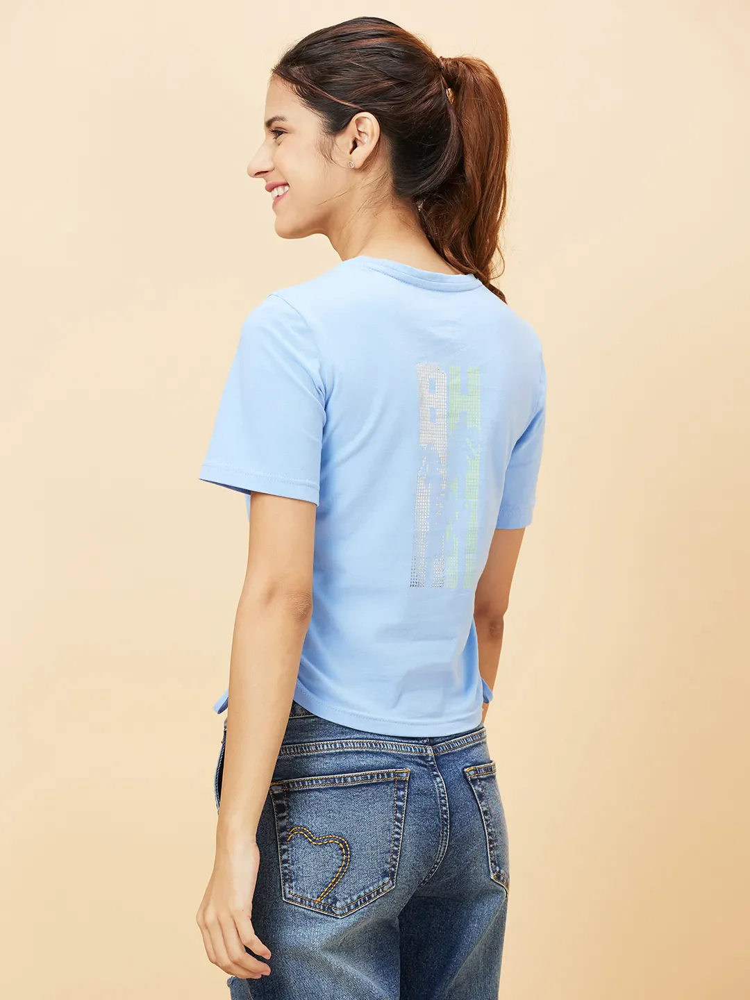 Blue Boxy Fit Women's Cotton Cropped T-Shirt By Being Human Clothing - Image 4