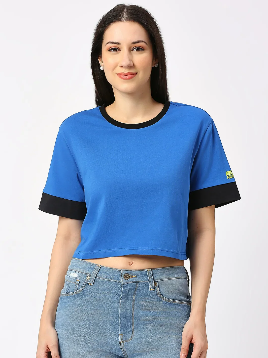 Blue Boxy Fit Women's Cotton Cropped T-Shirt By Being Human Clothing