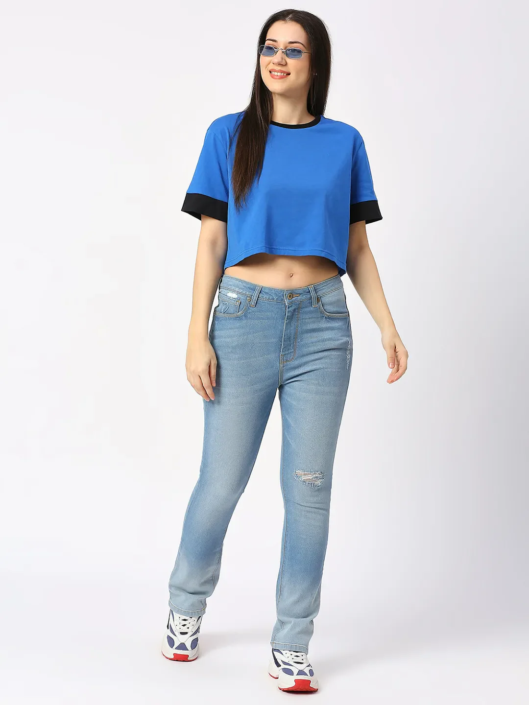 Blue Boxy Fit Women's Cotton Cropped T-Shirt By Being Human Clothing - Image 2