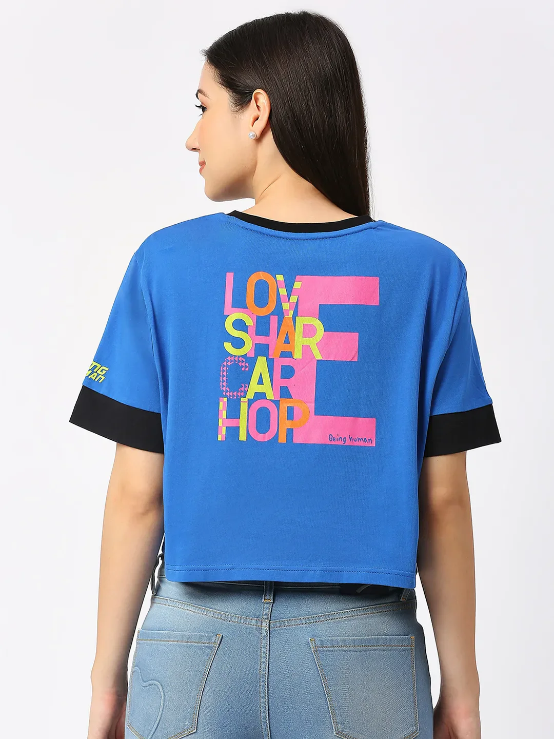 Blue Boxy Fit Women's Cotton Cropped T-Shirt By Being Human Clothing - Image 4
