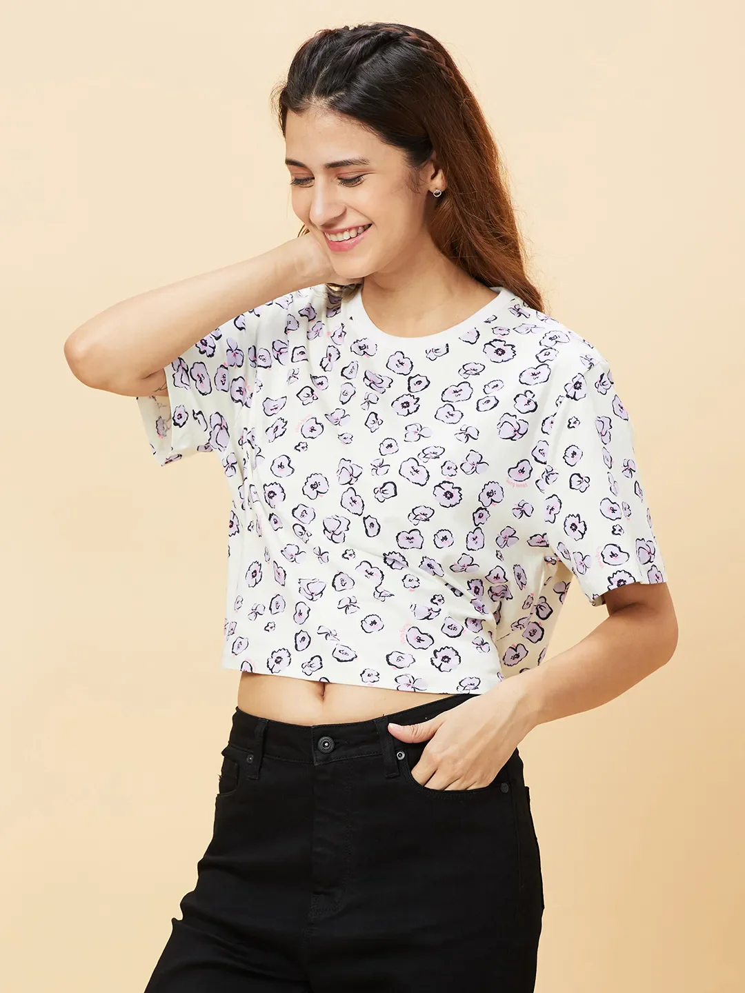 Pink Boxy Fit Women's Cotton Cropped T-Shirt By Being Human Clothing - Image 3
