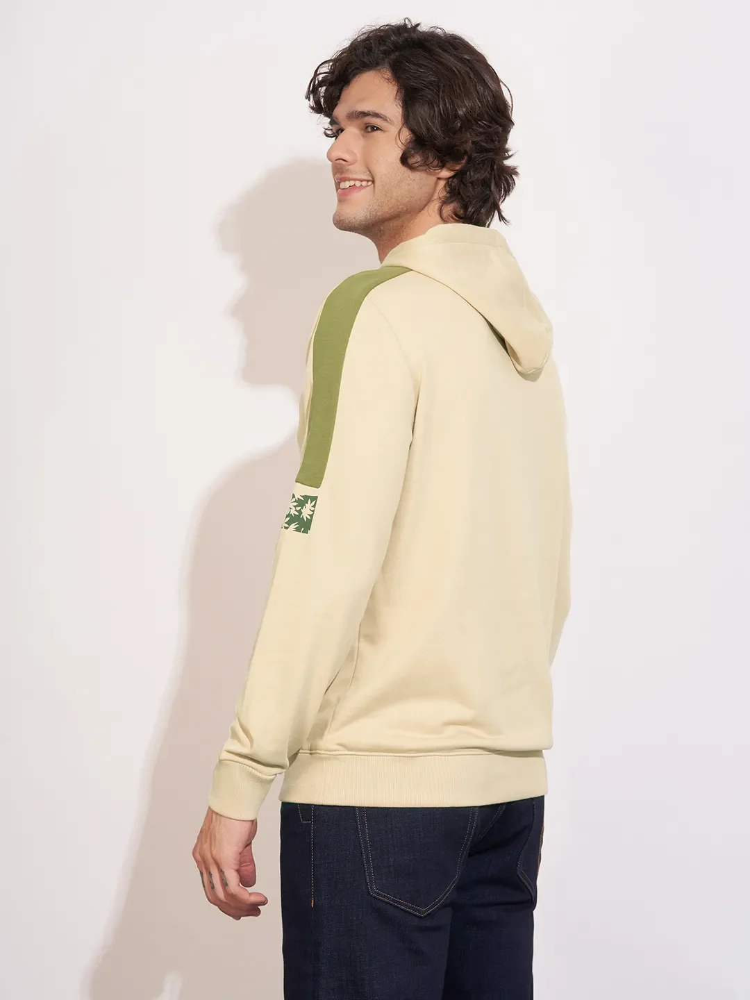 Beige Regular Fit Long Sleeves Cotton Blend Men's Hoodie by Being Human Clothing - Image 3