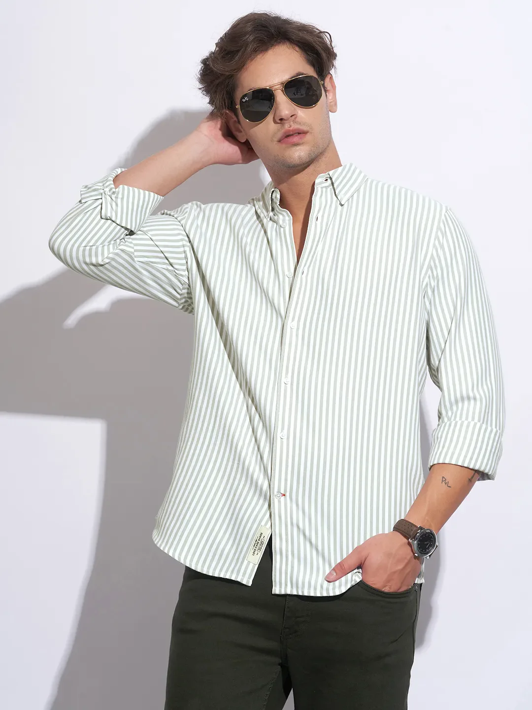 Green Moderno Fit Regular Collar Long Sleeves Cotton Men's Shirt by Being Human Clothing - Image 6