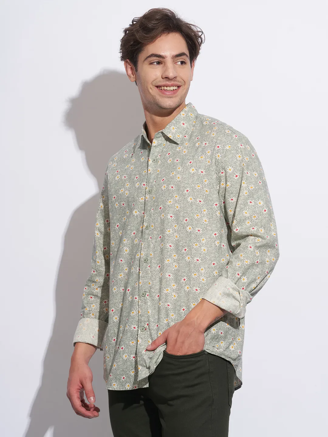 Green Moderno Fit Regular Collar Long Sleeves Cotton Men's Shirt by Being Human Clothing - Image 2