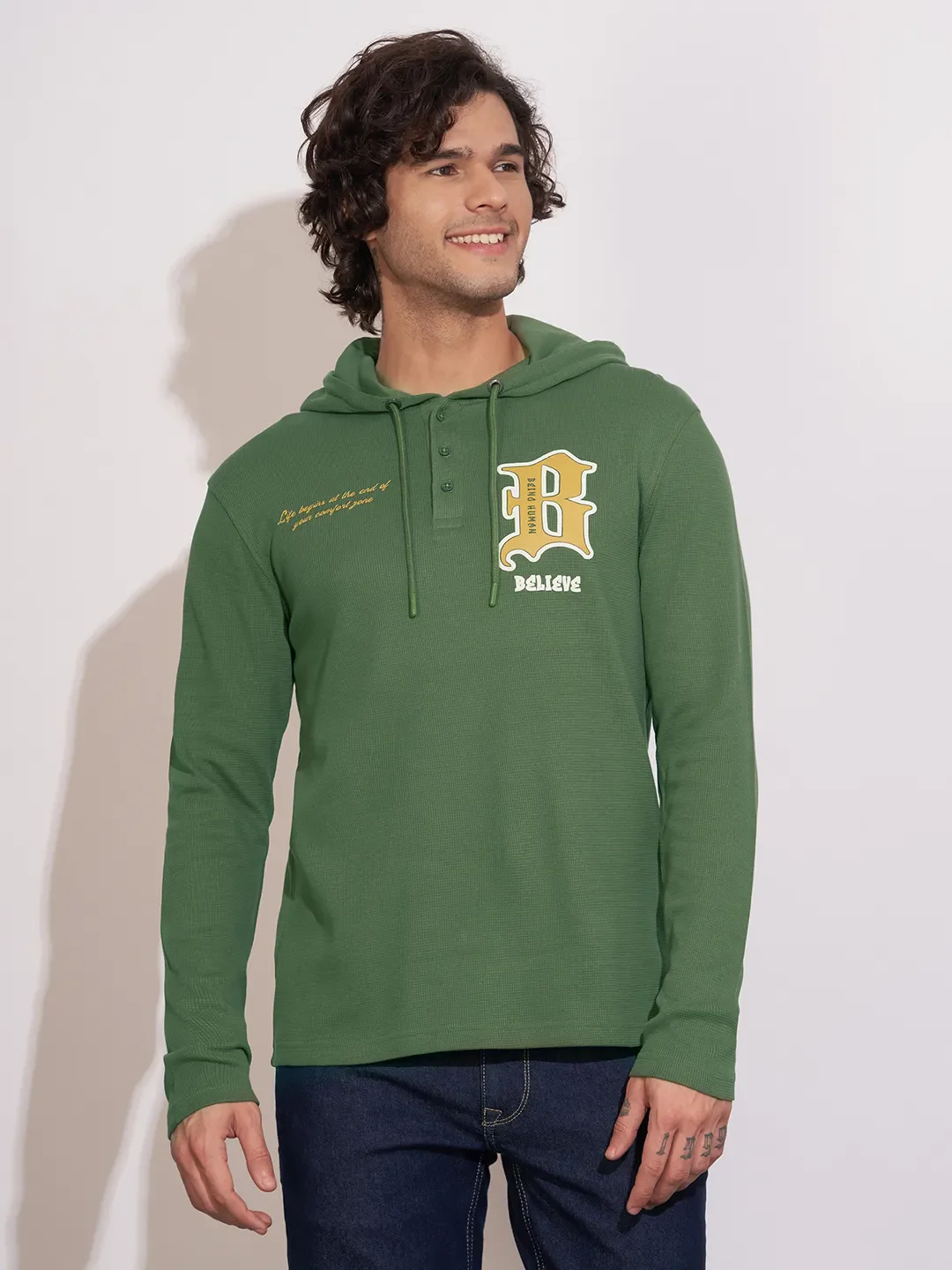Green Regular Fit  Long Sleeves Cotton Men's Hoodie by Being Human Clothing